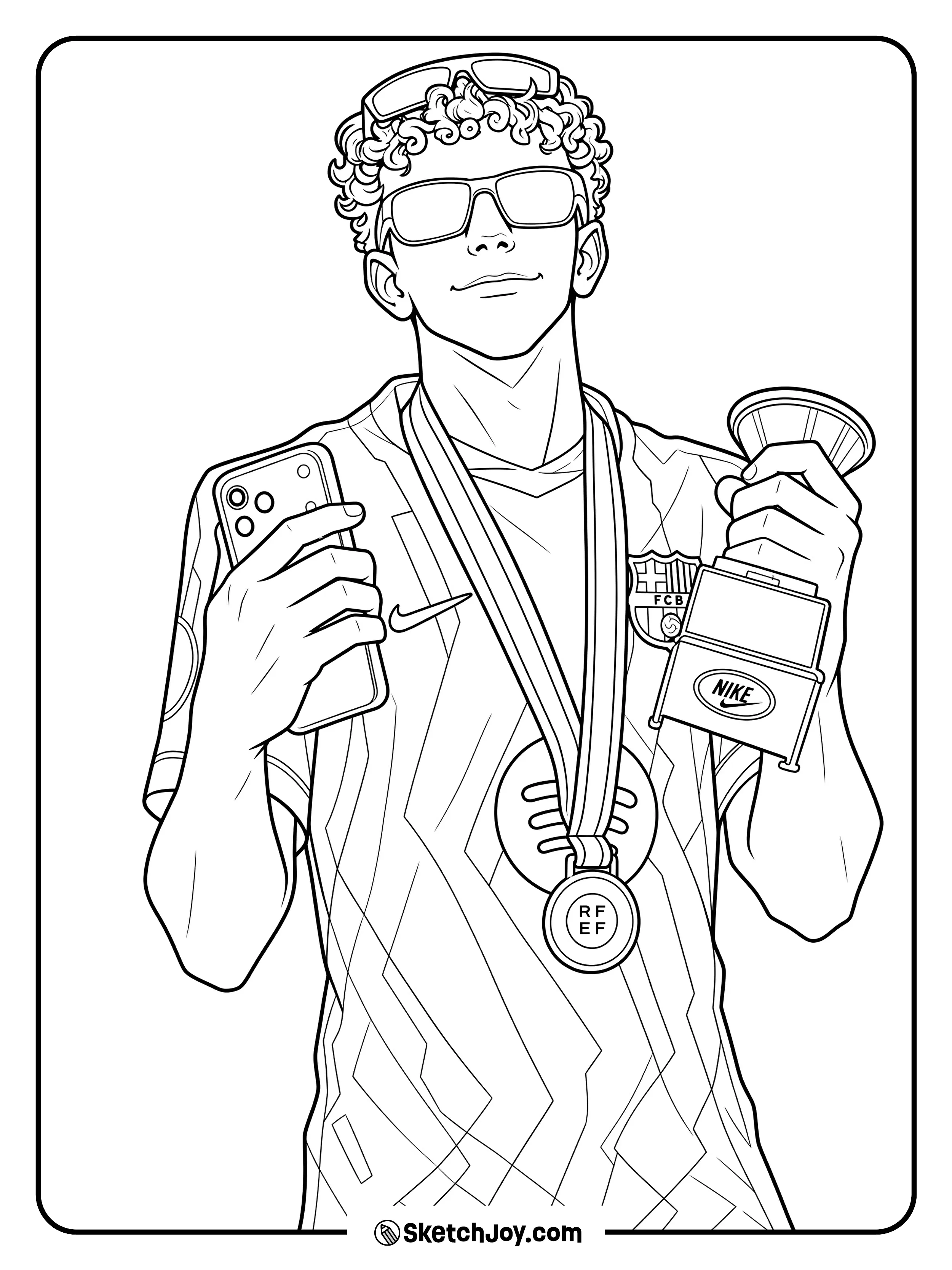 A cool selfie pose with sunglasses, a medal, and a small trophy in hand.