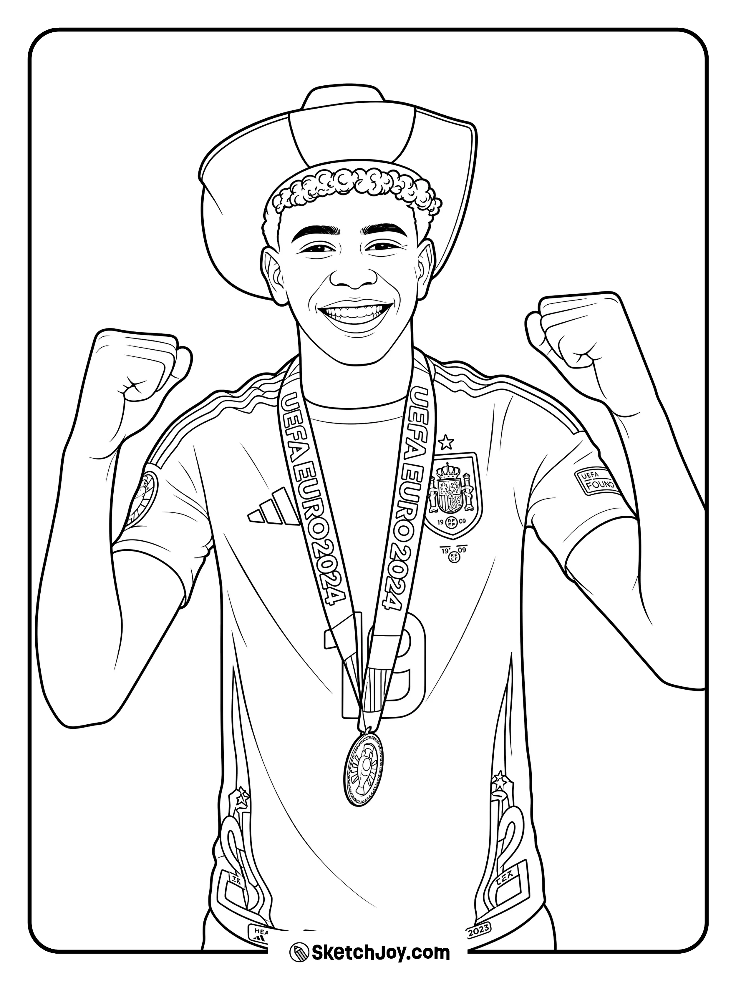 A cheerful winner pose with a medal, raised fists, and a wide hat.