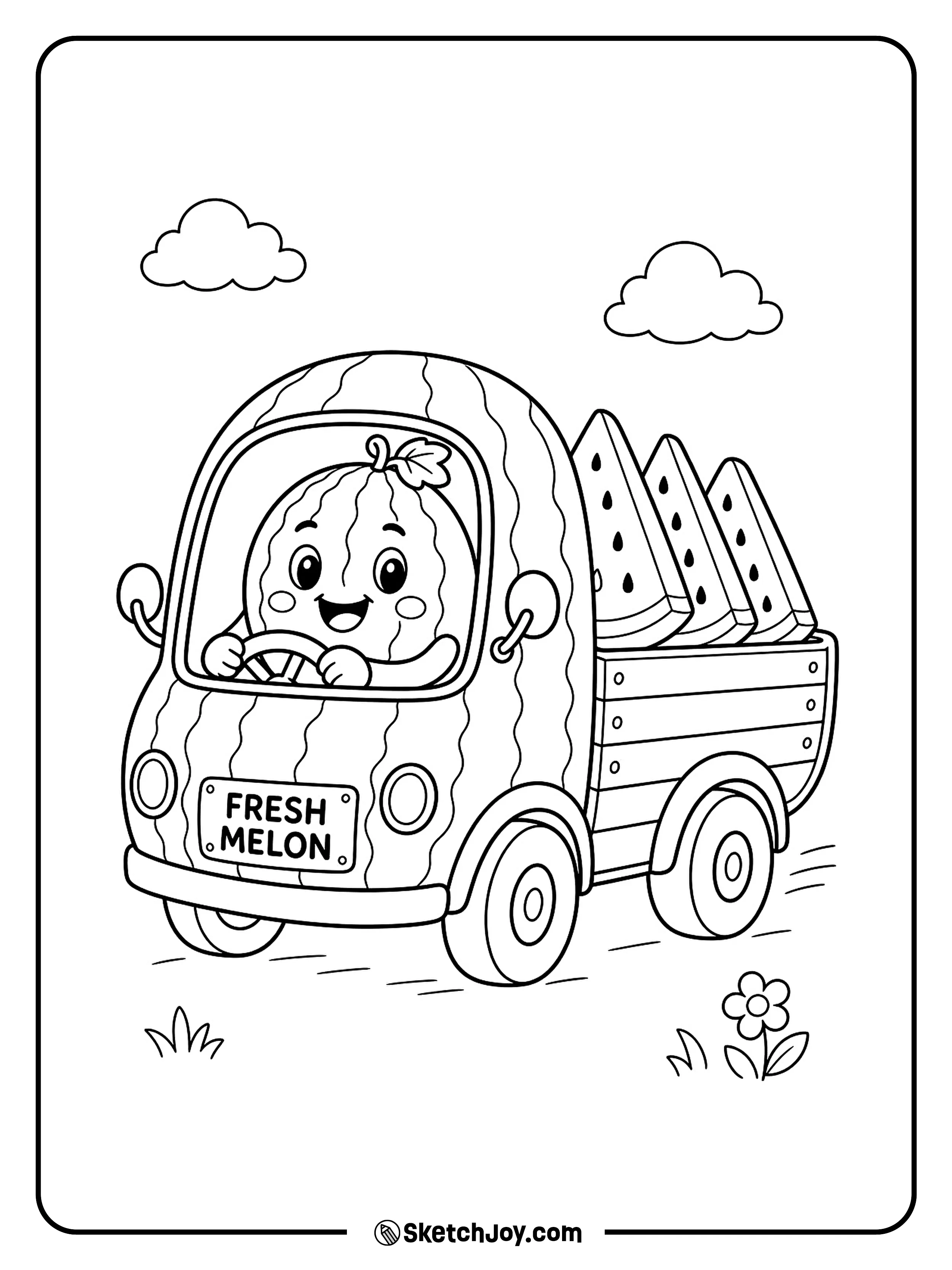 A happy watermelon drives a tiny fruit truck filled with fresh slices.