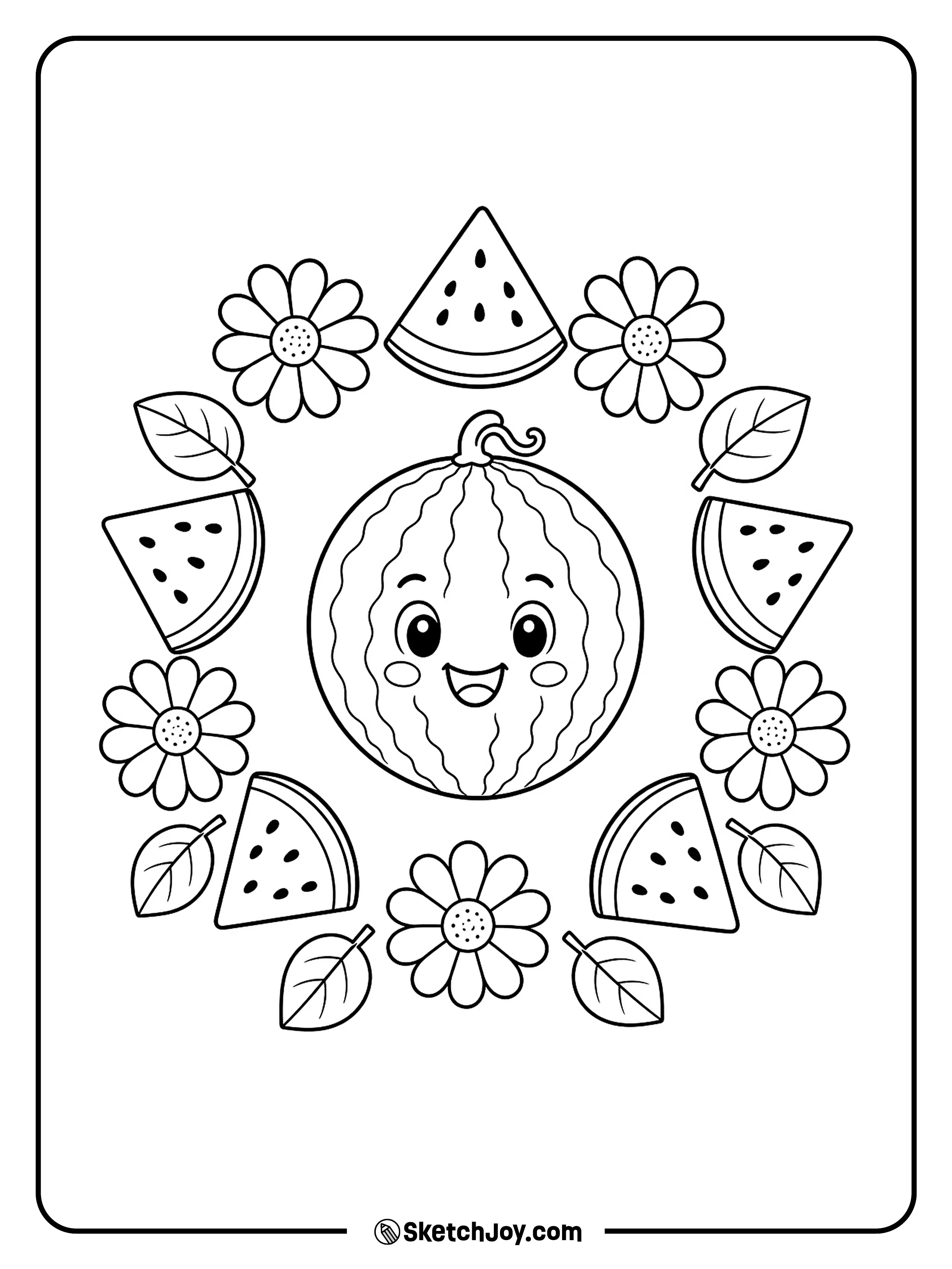Simple watermelon slices and summer flowers form a cheerful round design.