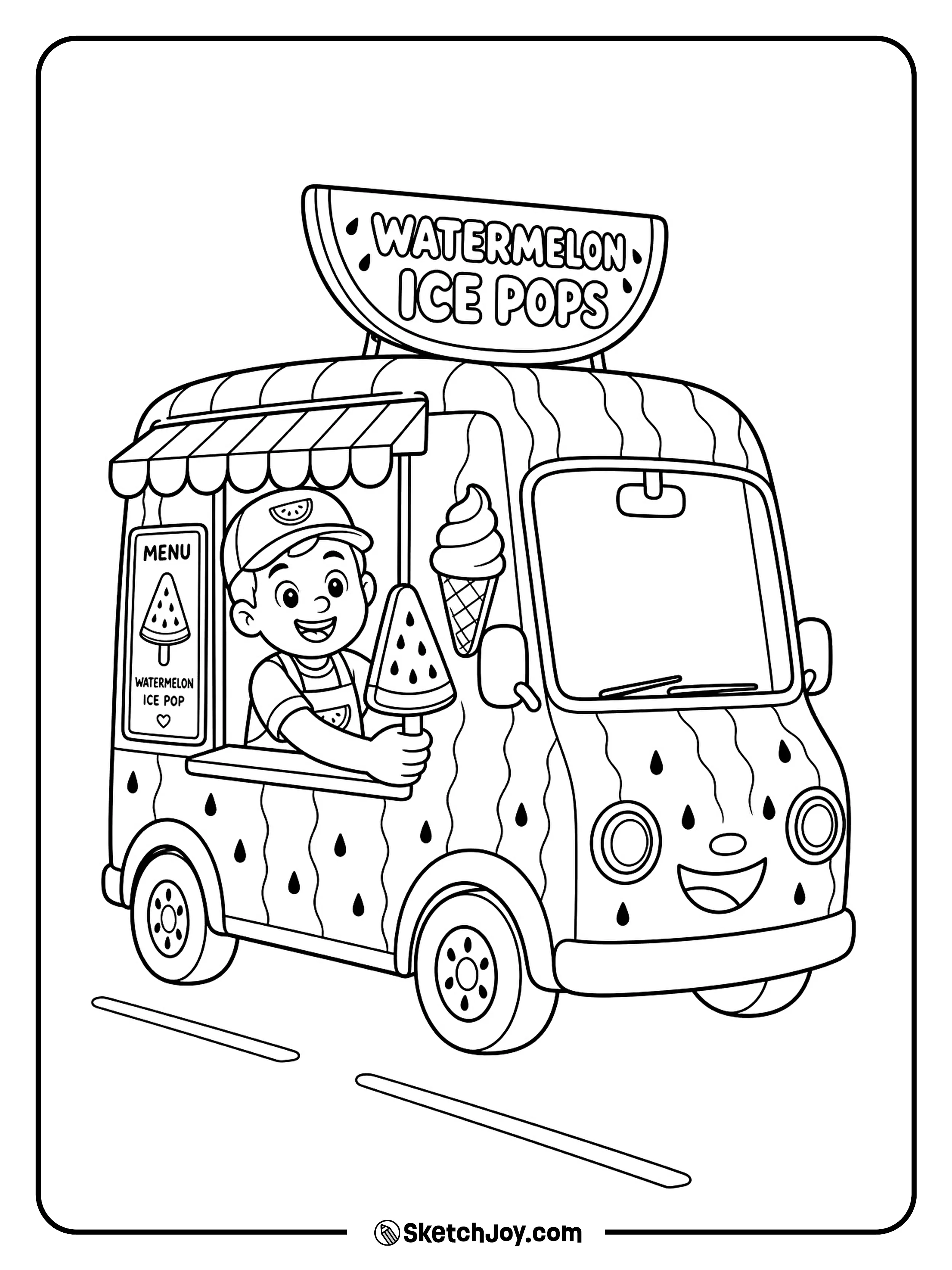 A smiling driver serves watermelon ice pops from a small summer truck.