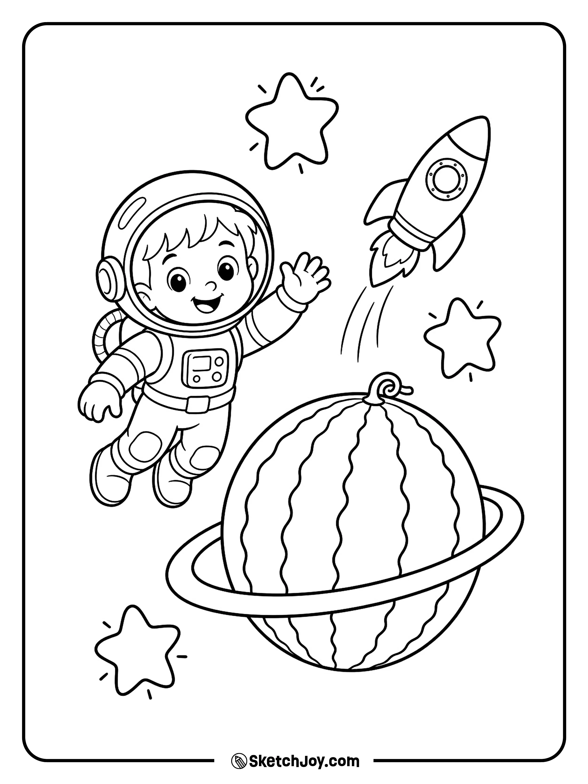 A happy astronaut floats near a planet shaped like a giant watermelon.