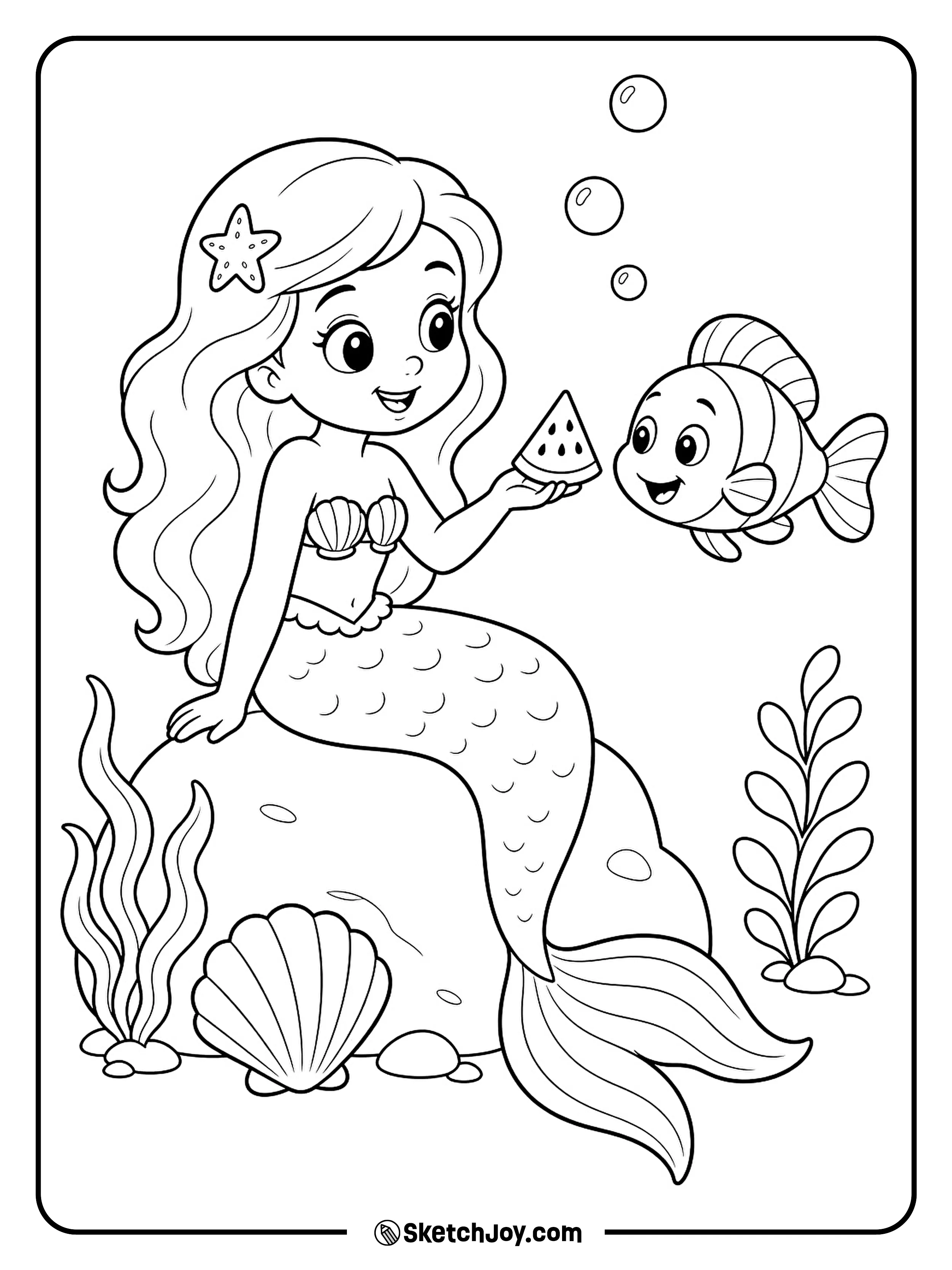 A friendly mermaid shares watermelon with a little fish near a seashell.