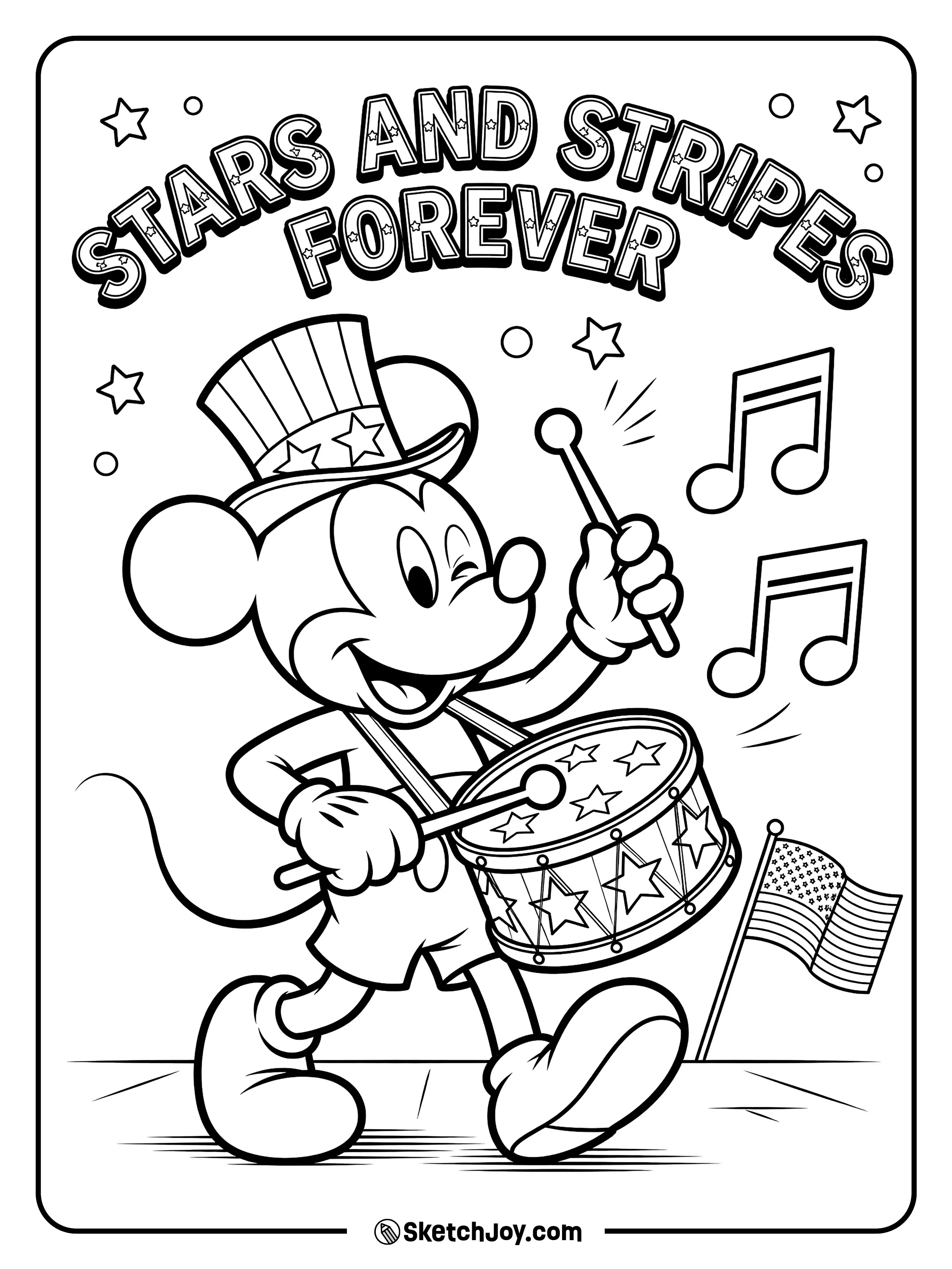Mickey Mouse marches happily while playing a festive drum.