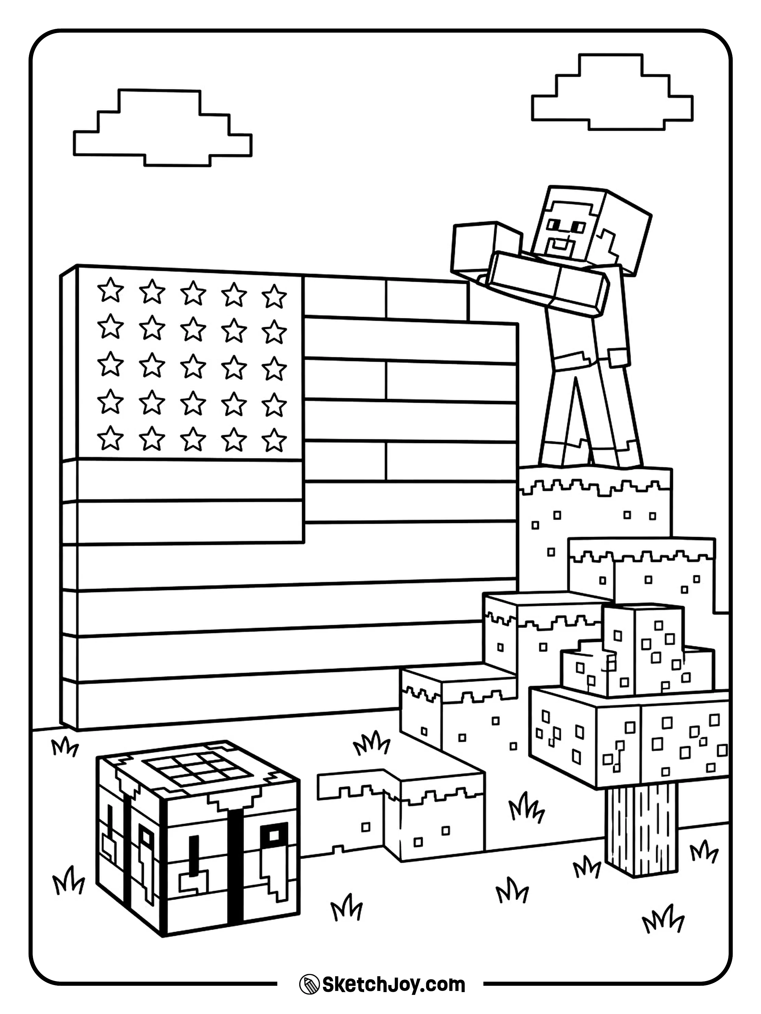 Steve builds a large block flag beside a grassy hill.
