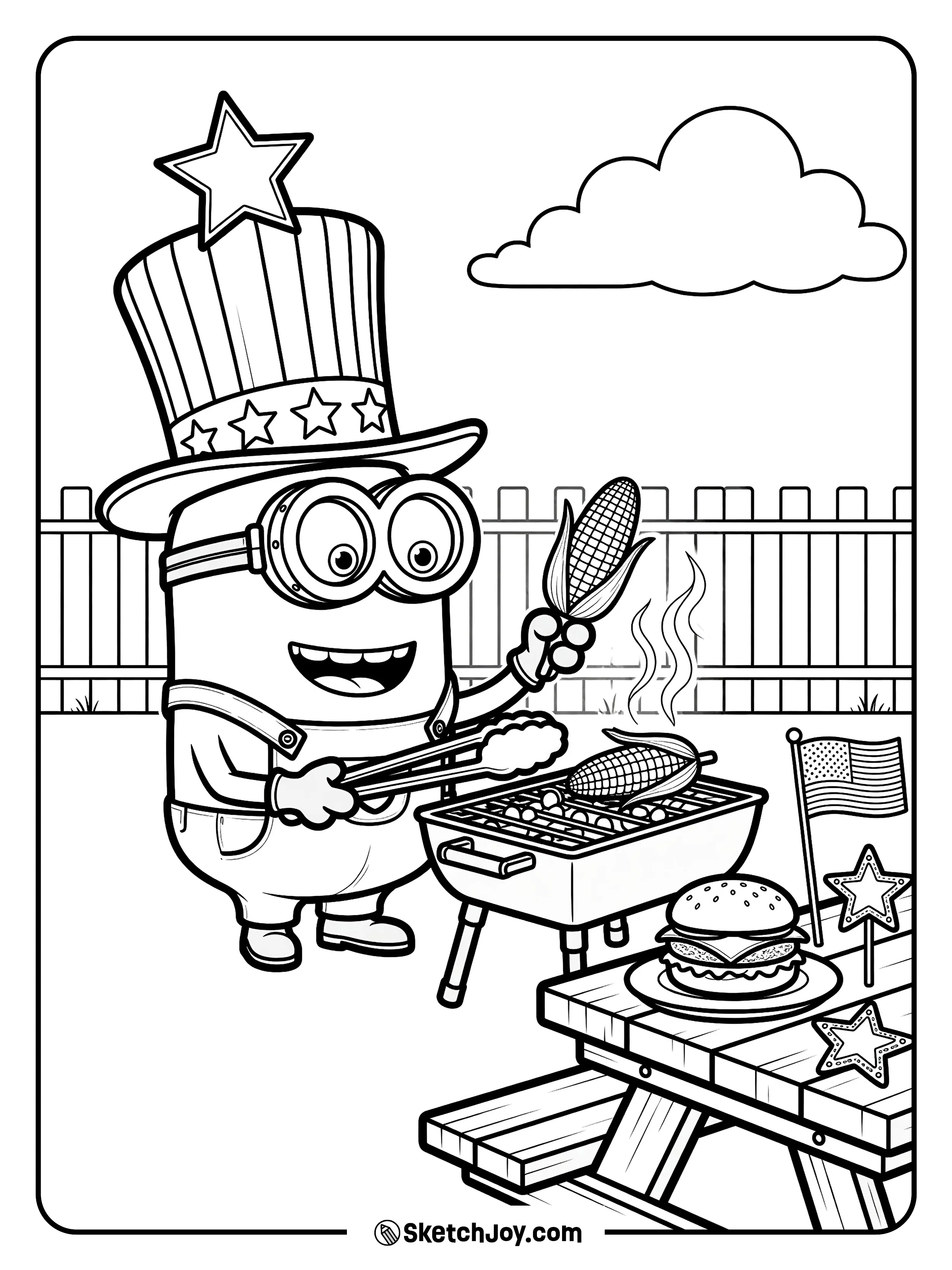 A cheerful Minion cooks corn at a tiny holiday grill.