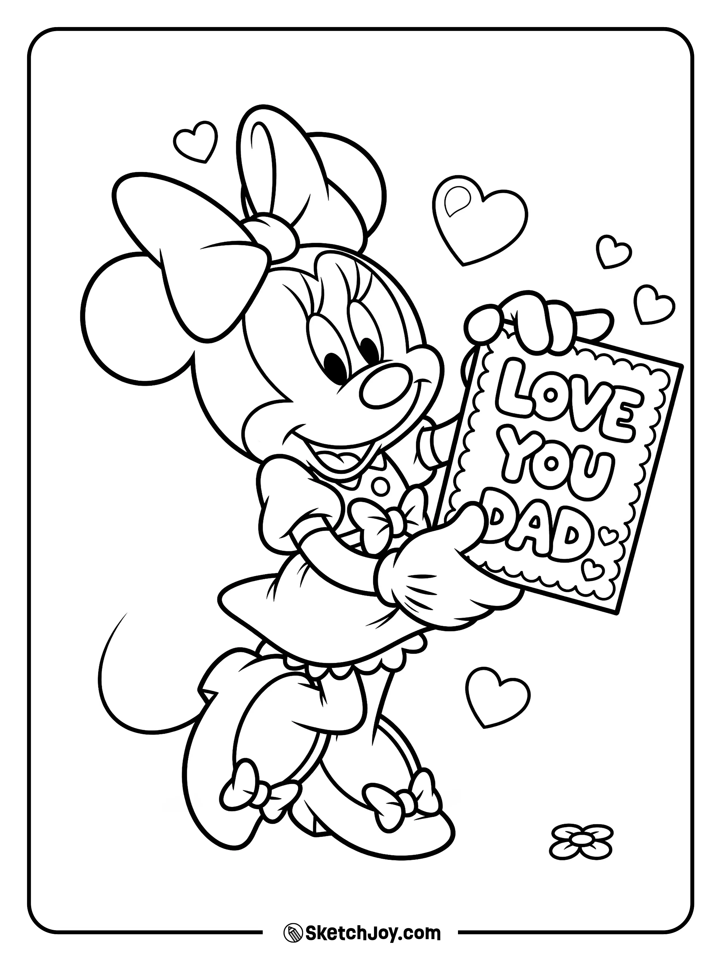 Minnie holds a sweet Fatherâs Day card with her classic bow.