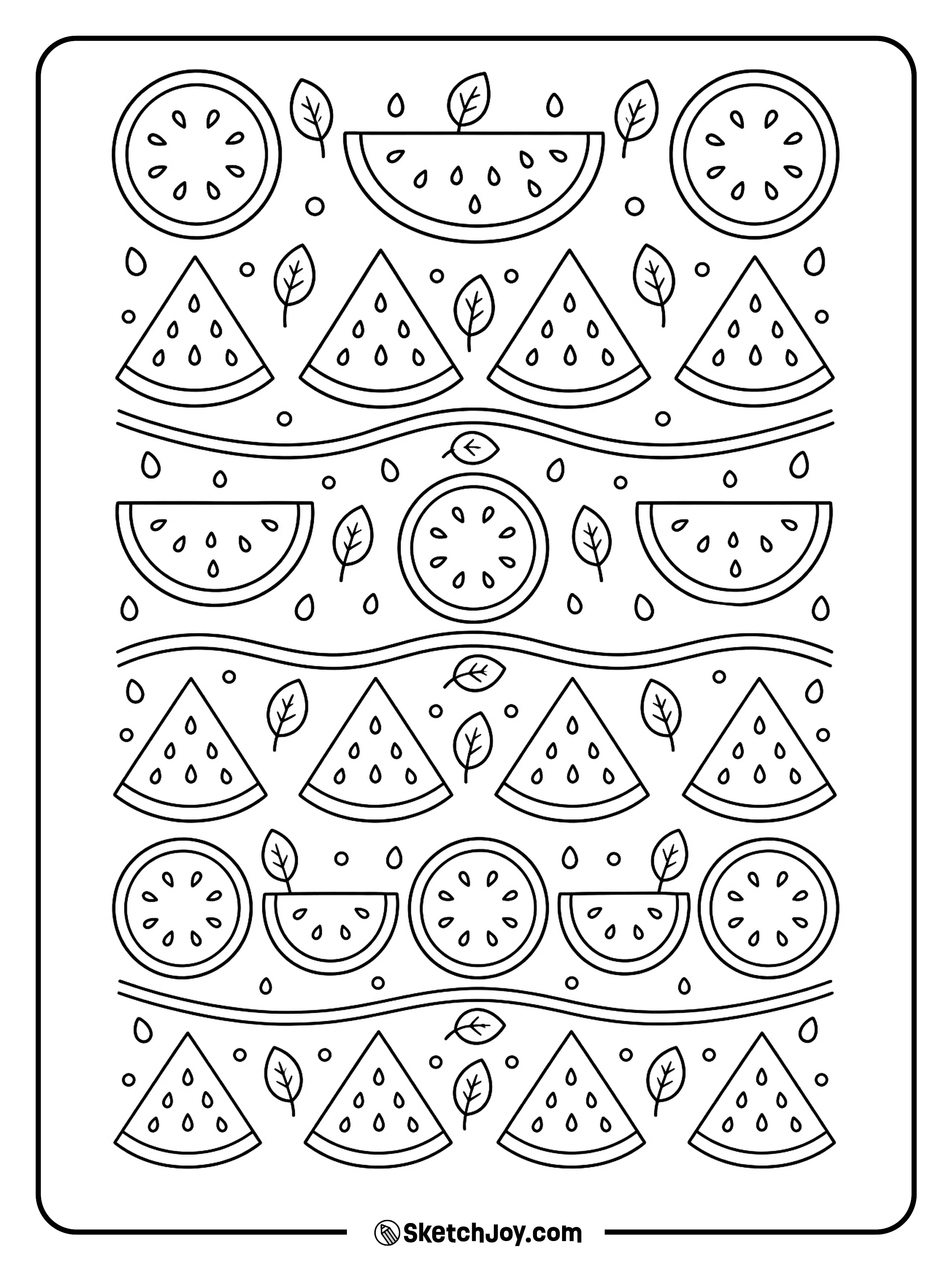 Watermelon slices form a neat pattern of circles, triangles, lines, and seeds.