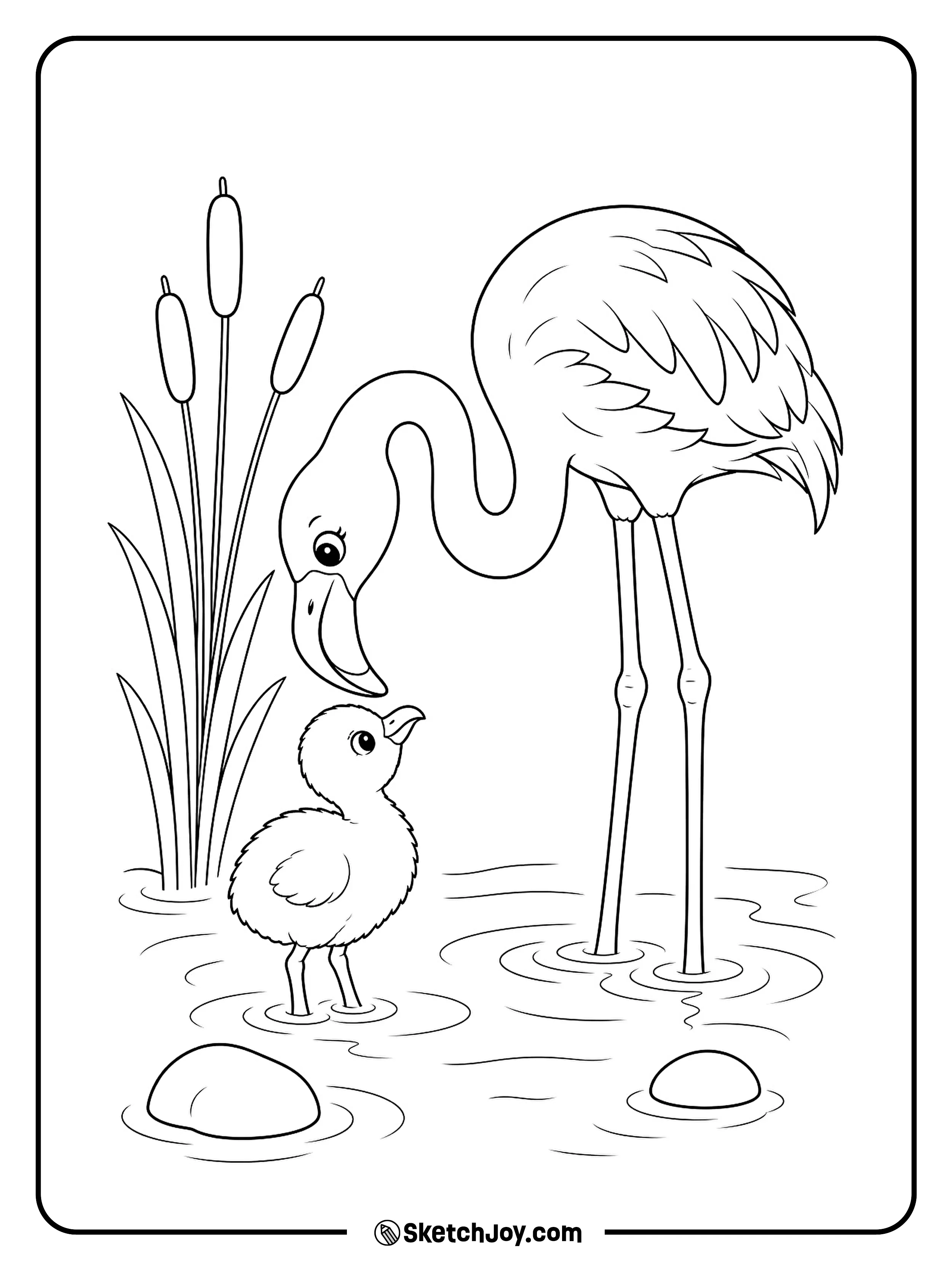 A caring mother flamingo stands beside her small fluffy chick.