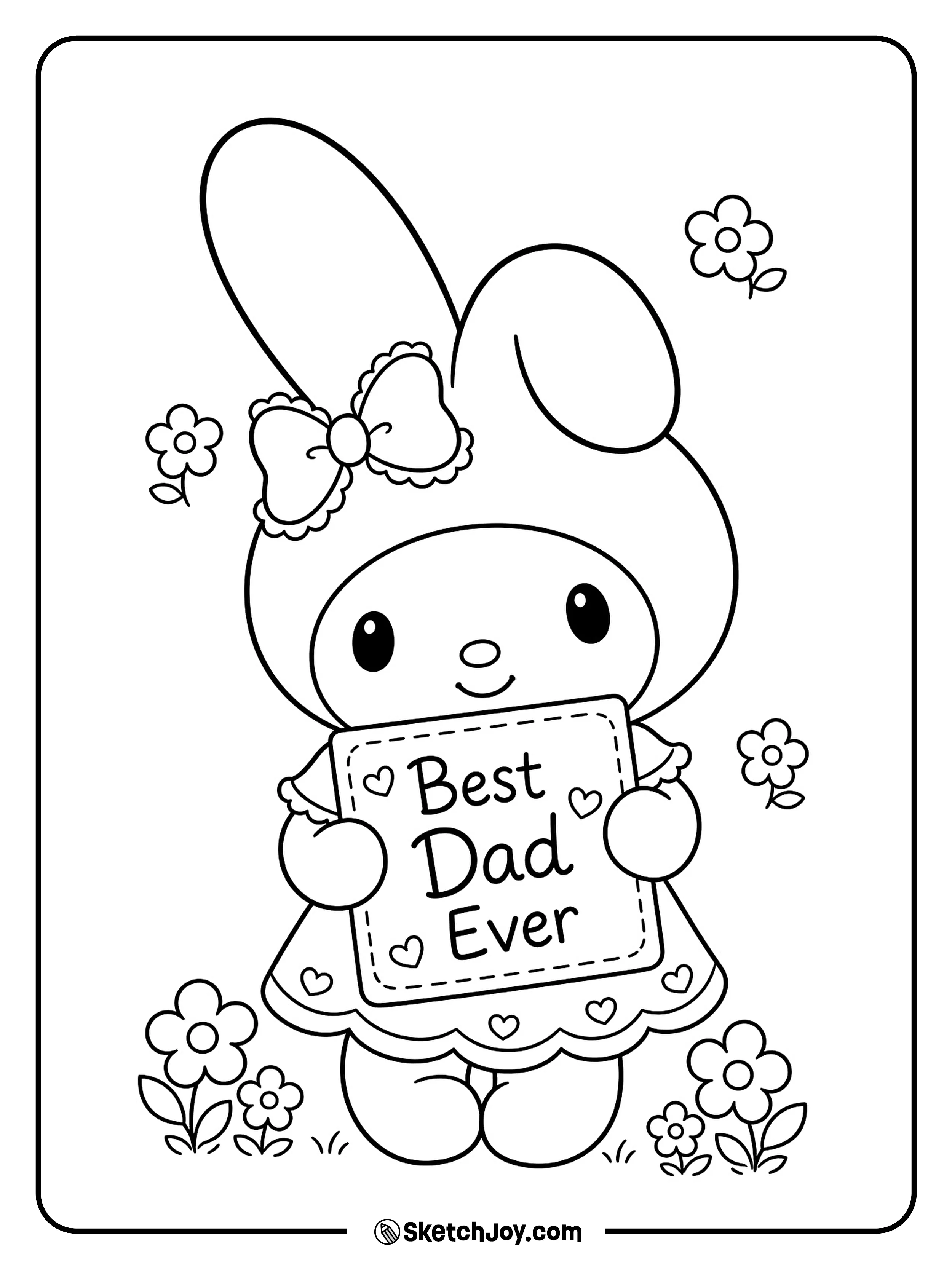 My Melody holds a pretty card for Fatherâs Day.