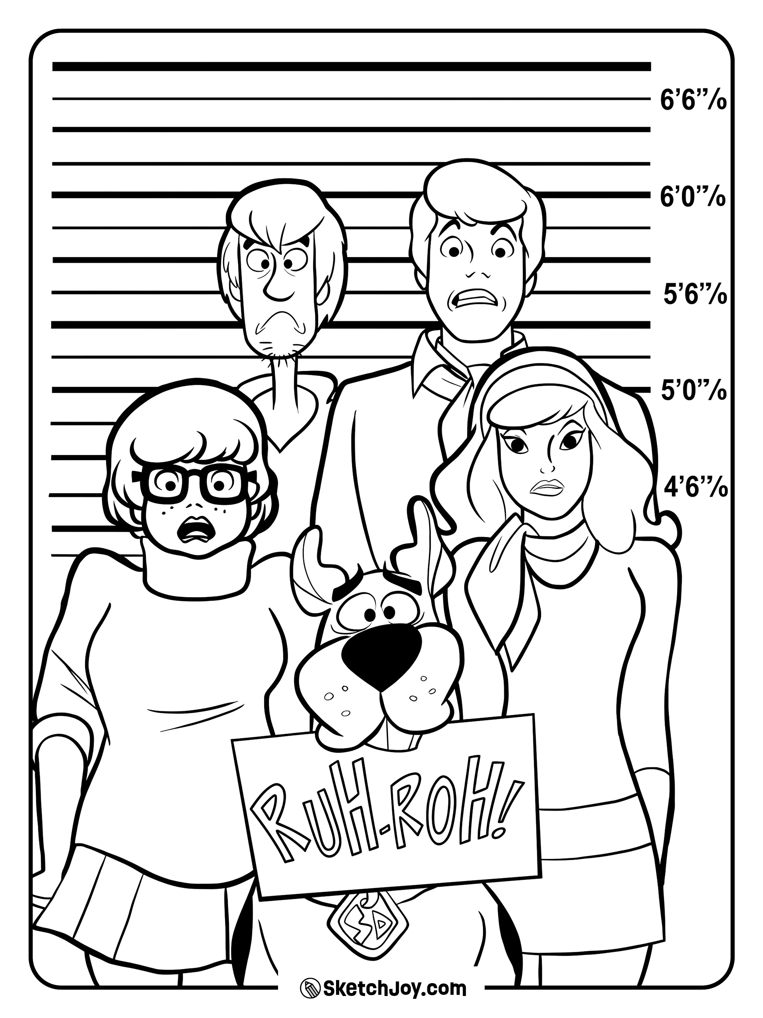 Scooby-Doo and the gang pose in a funny police lineup scene.