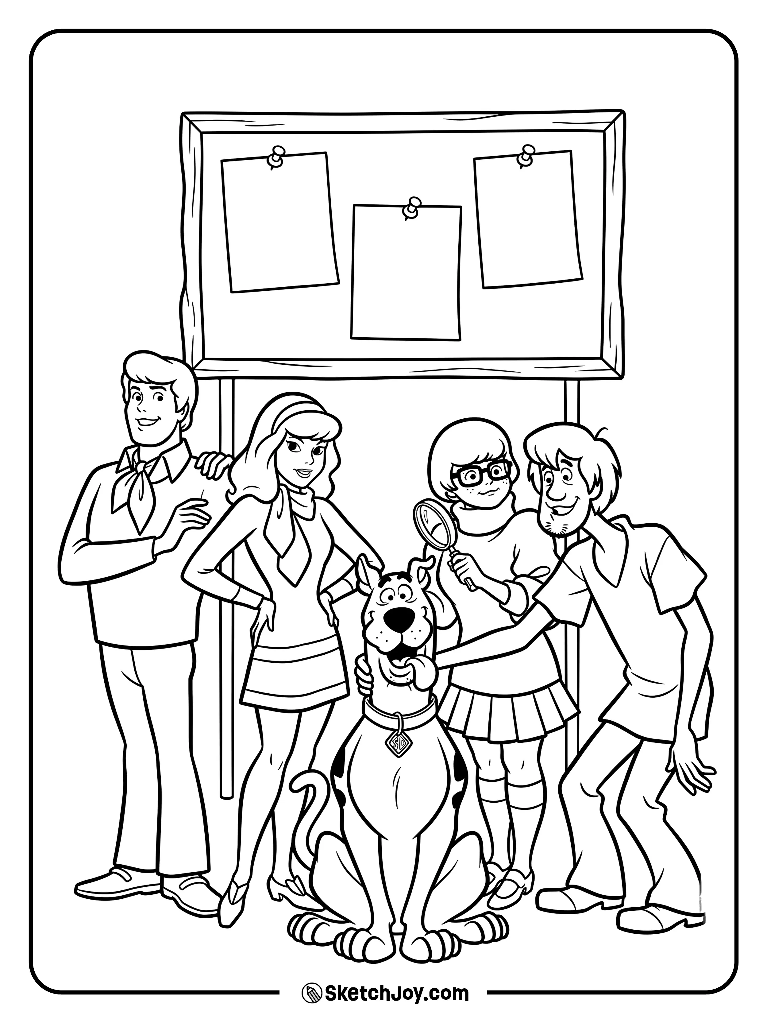 The whole team stands together with Scooby-Doo in front.
