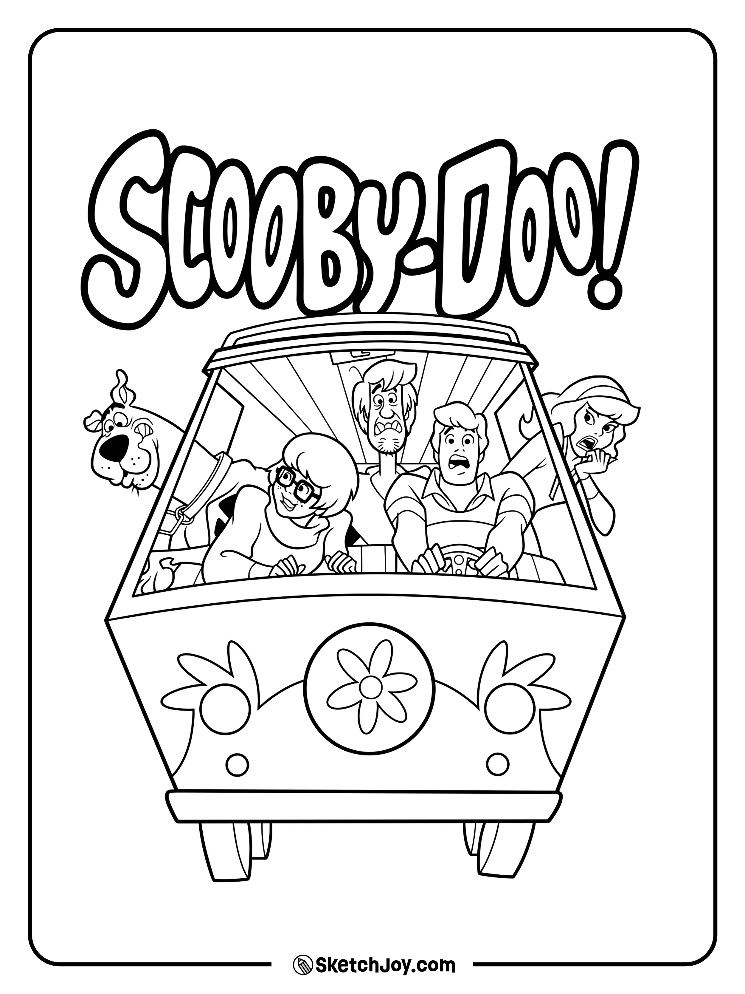 The full gang rides together in the Mystery Machine with worried faces.