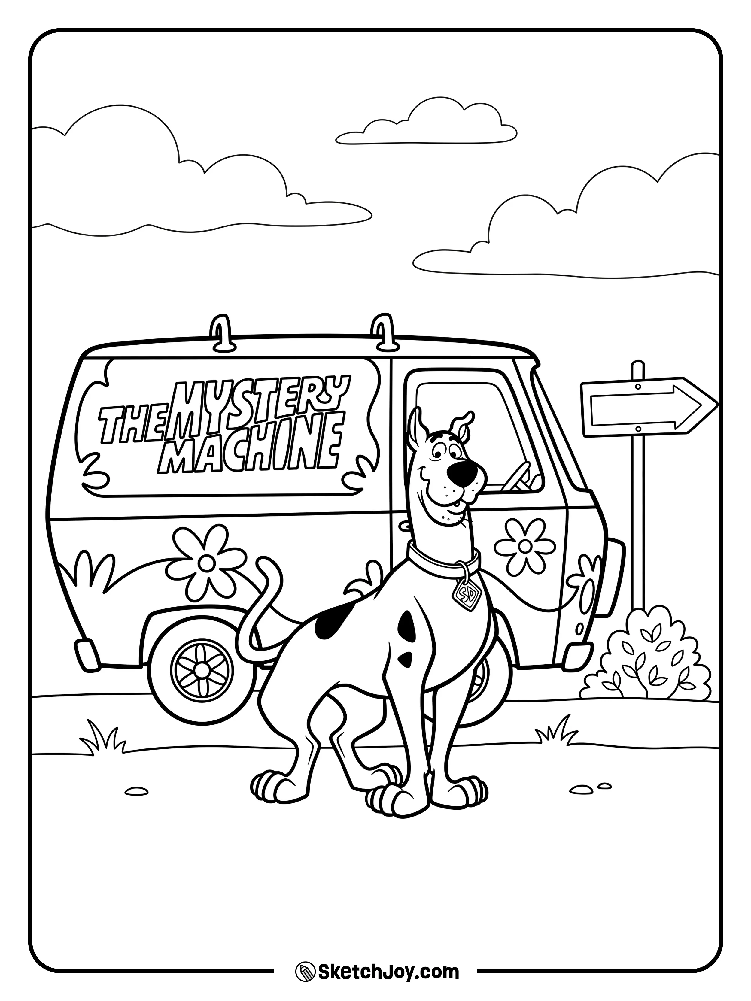 Scooby-Doo stands by the Mystery Machine during a fun road stop.