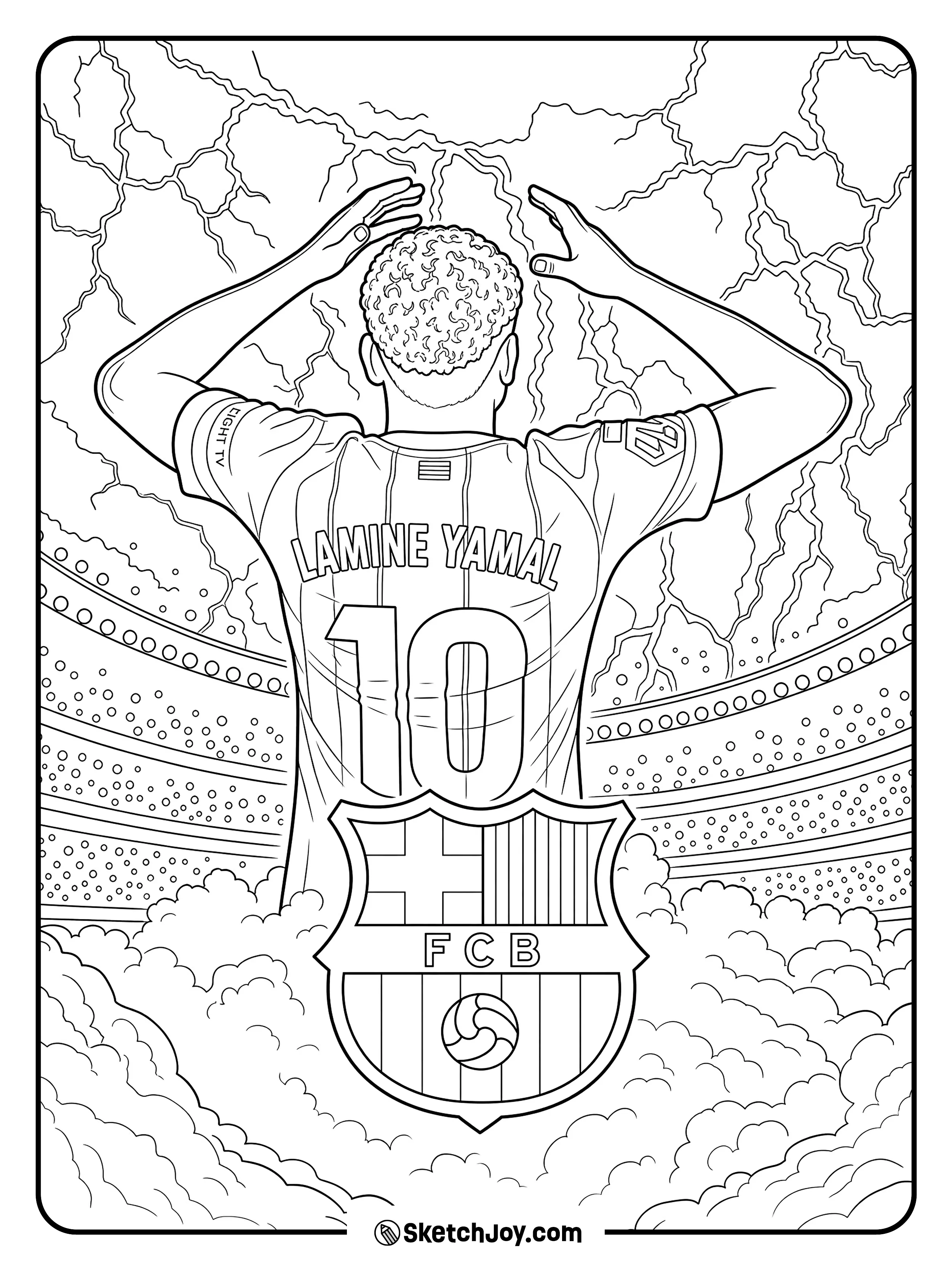 A back-view stadium scene with the number 10 jersey, team crest, and bright energy lines.