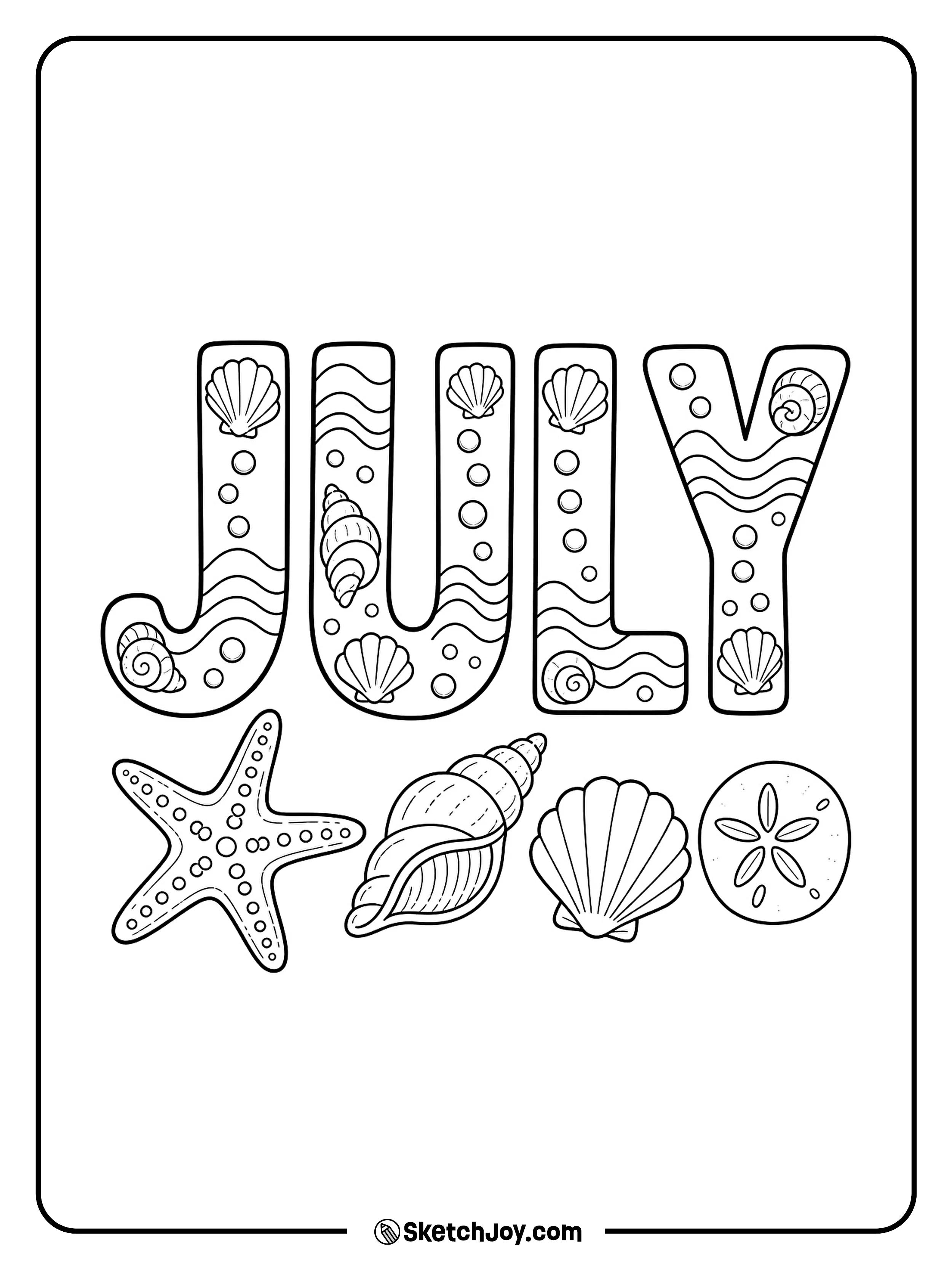 Shells and a starfish frame the word JULY in a calm beach style.