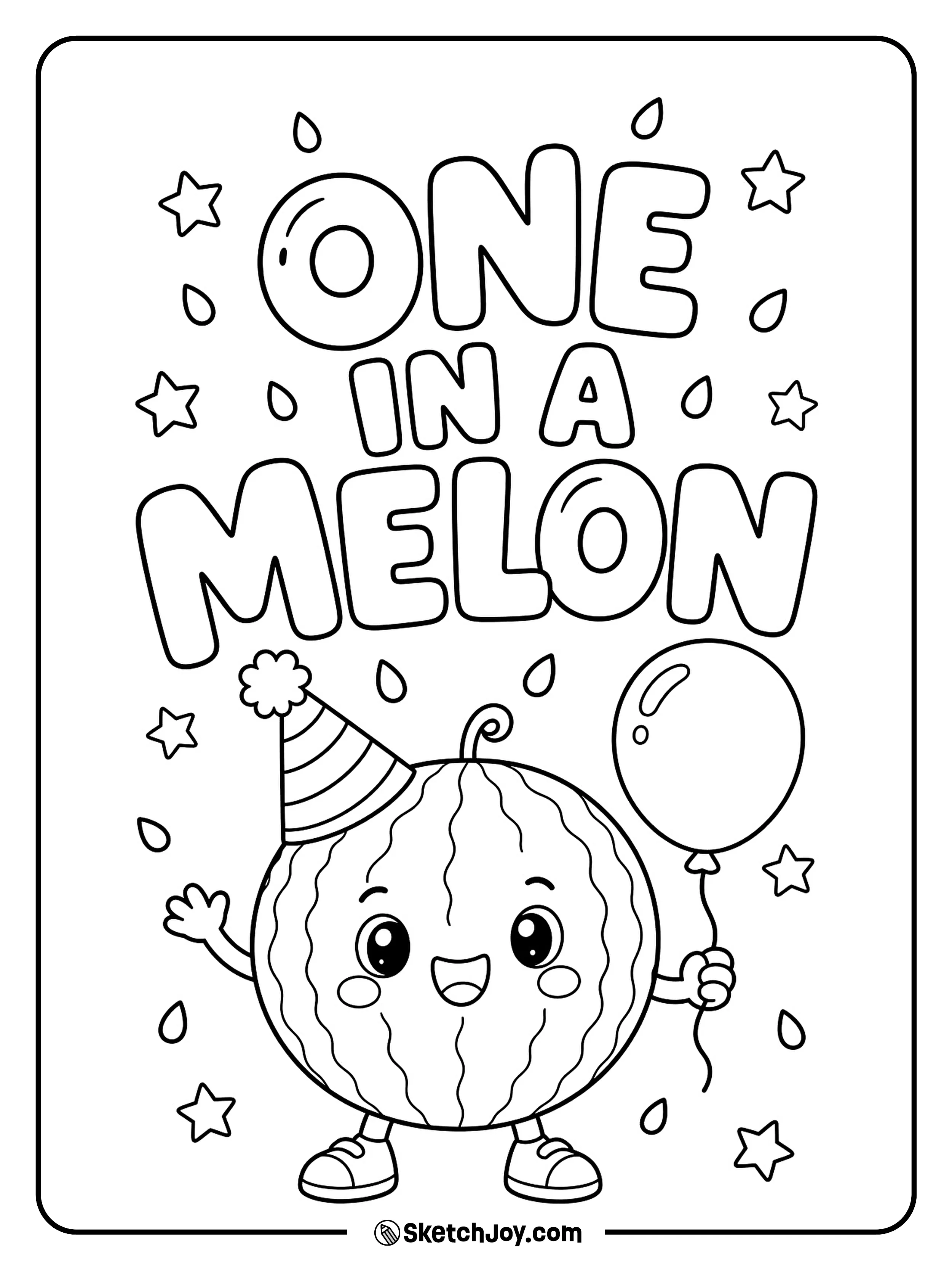 A joyful watermelon wears a party hat beneath a playful fruit-themed phrase.