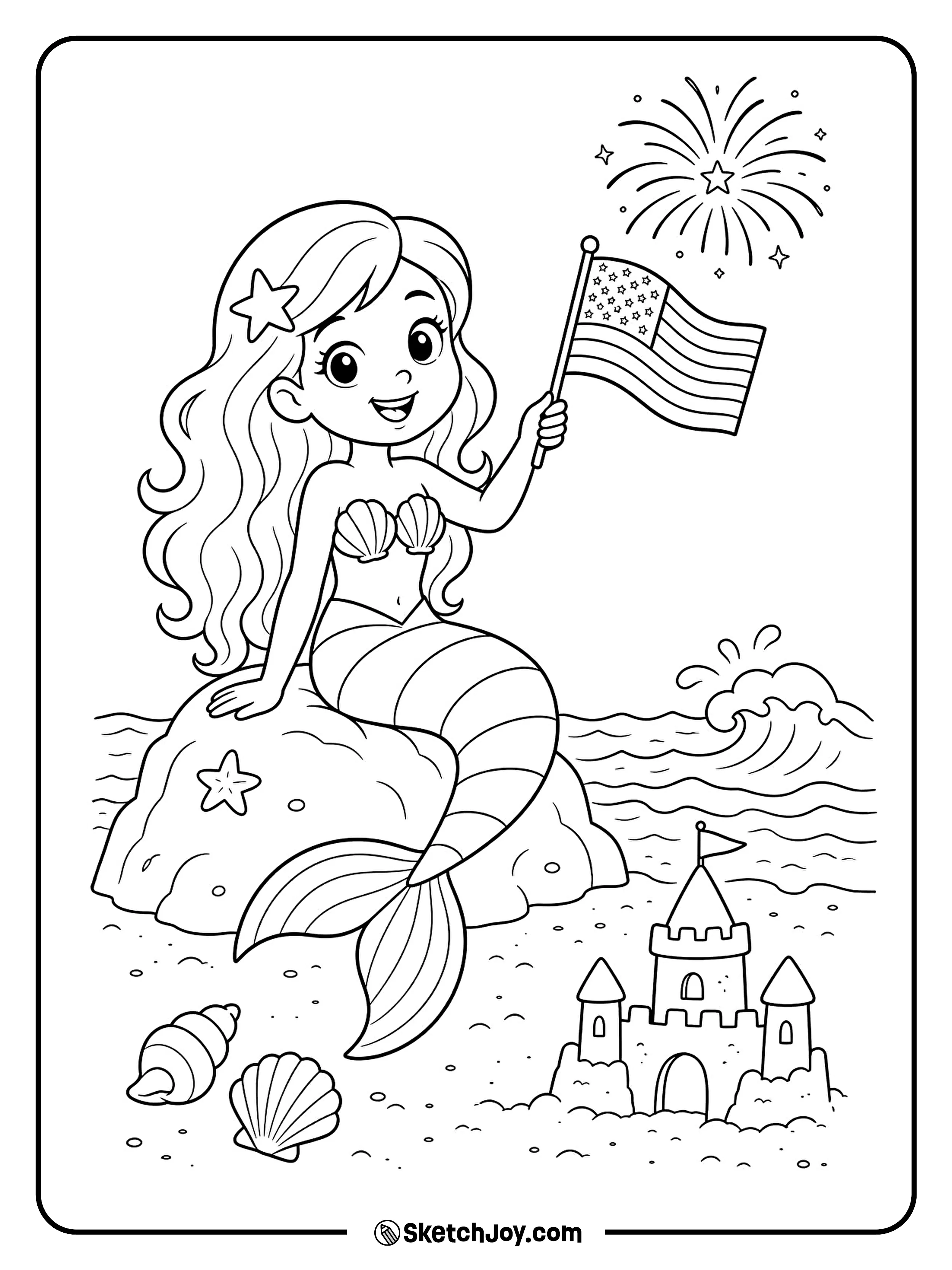 A friendly mermaid waves a small flag beside a sandcastle.
