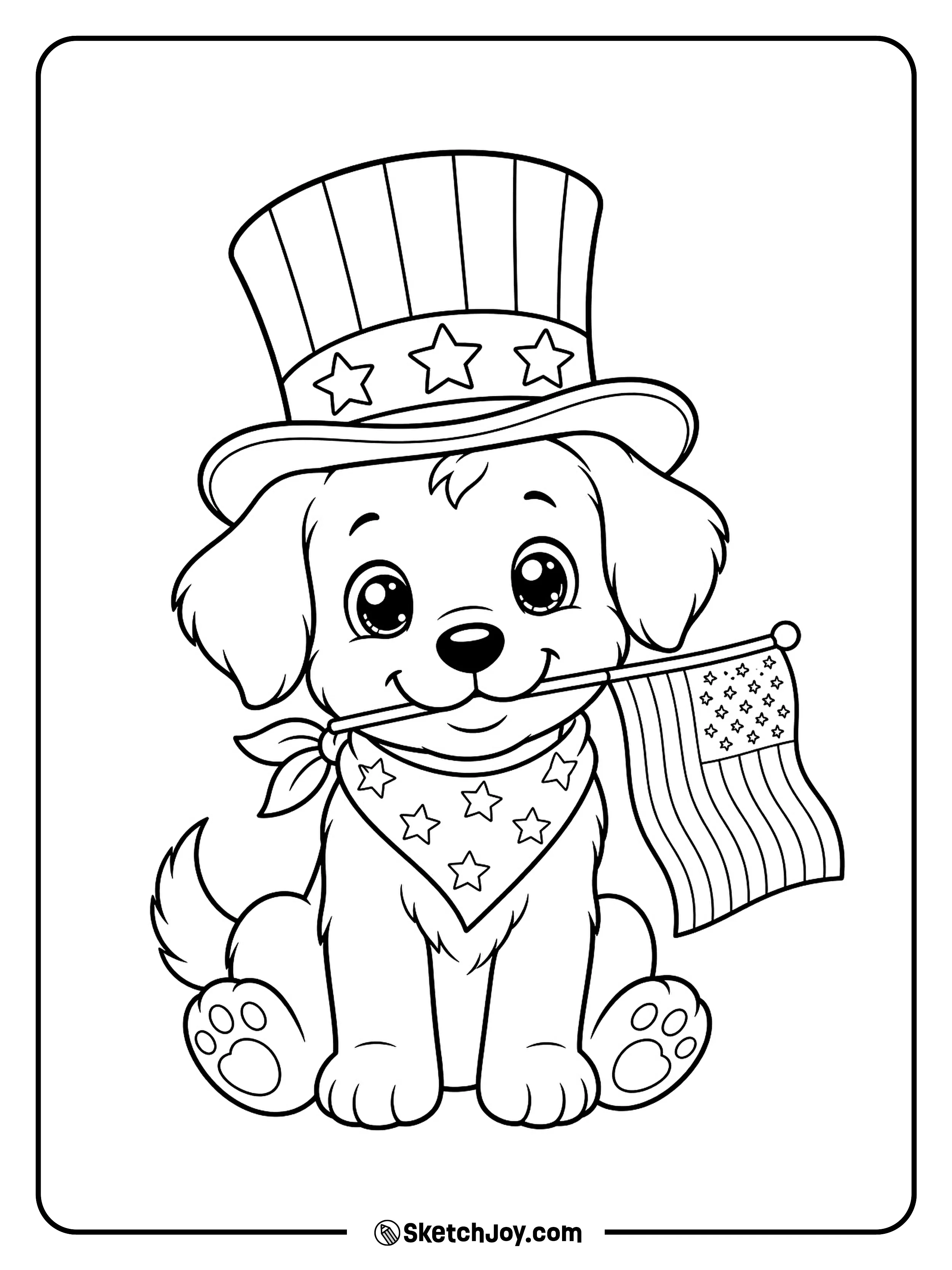 A cute puppy sits proudly in a star-covered holiday hat.
