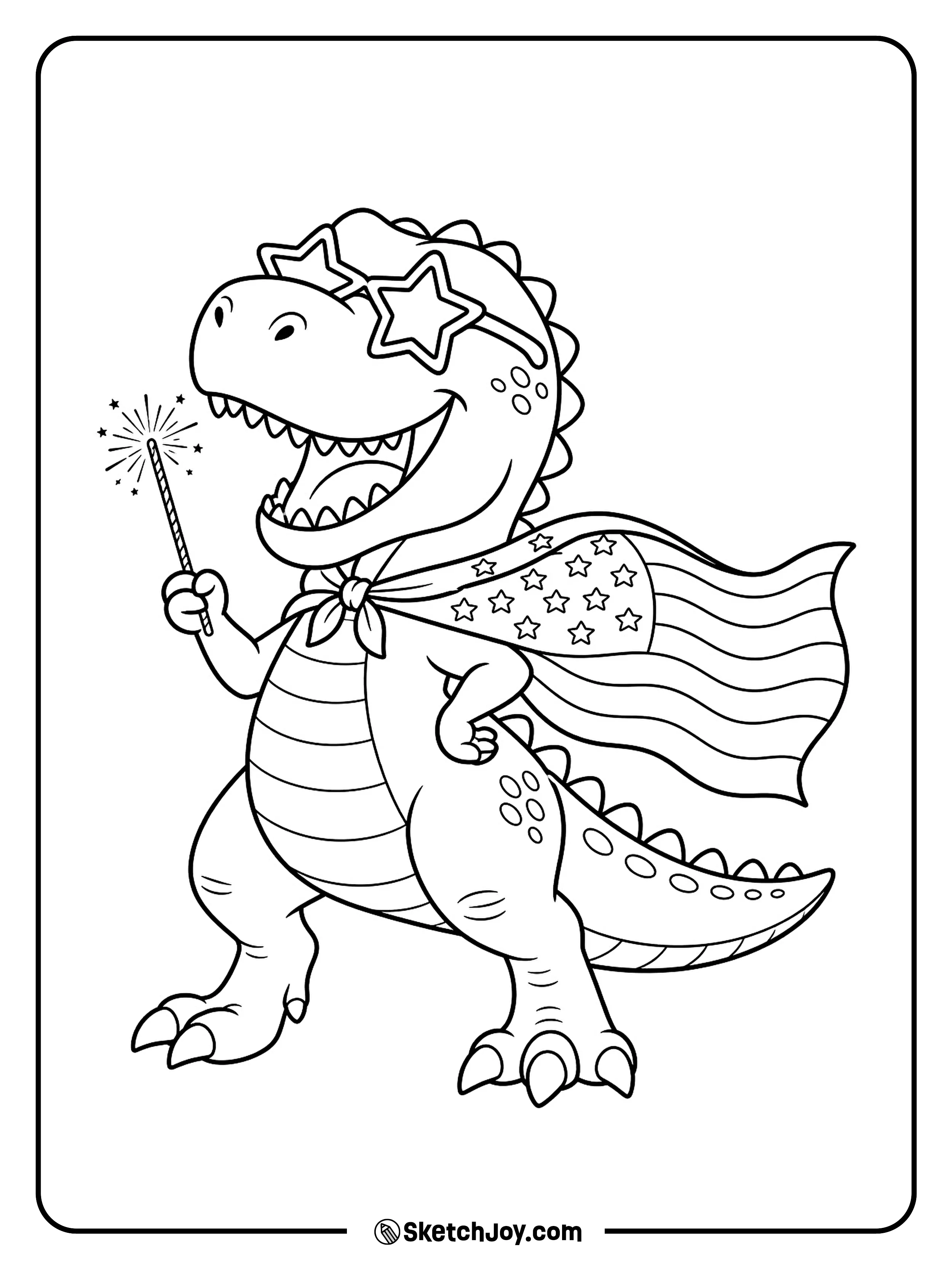 A friendly T-Rex wears a flag cape and holds a sparkler.