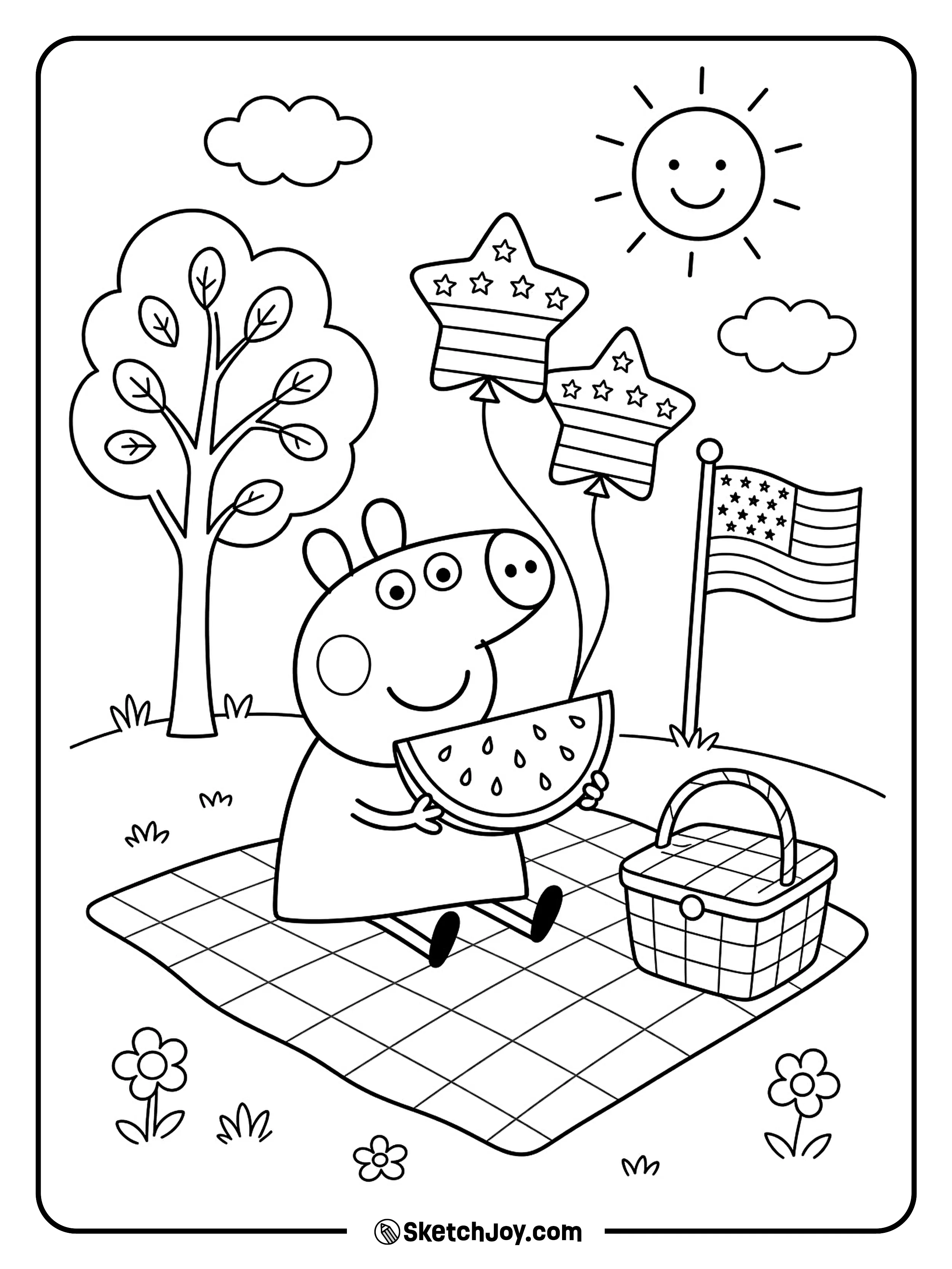 Peppa Pig enjoys watermelon and balloons at a park picnic.