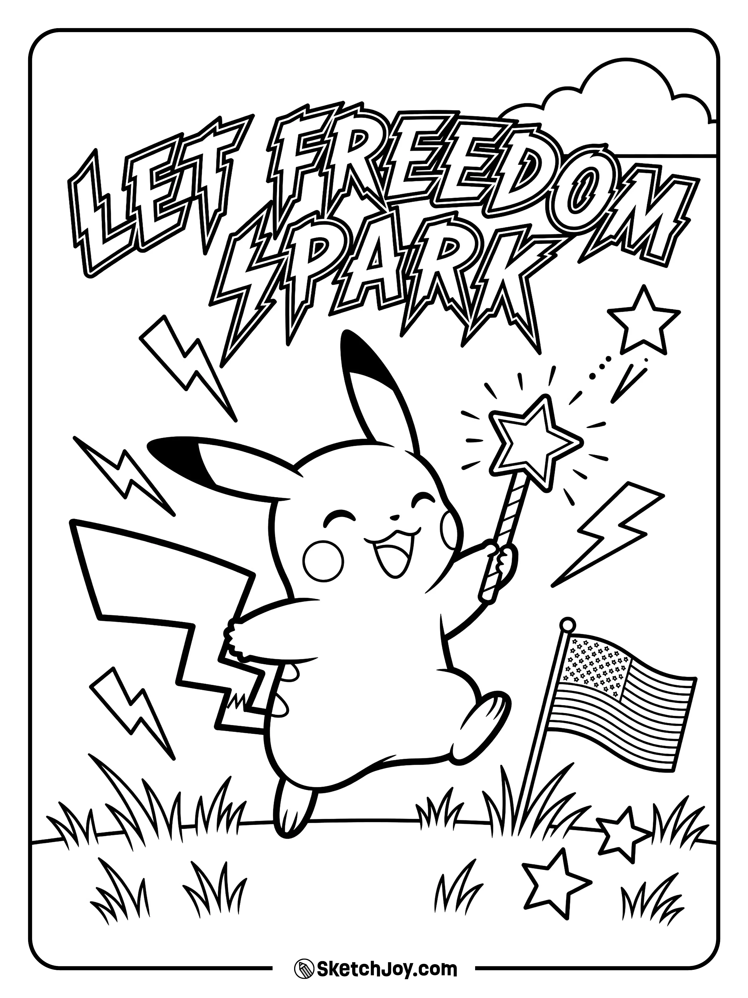 Pikachu holds a star wand as tiny sparks shine around it.