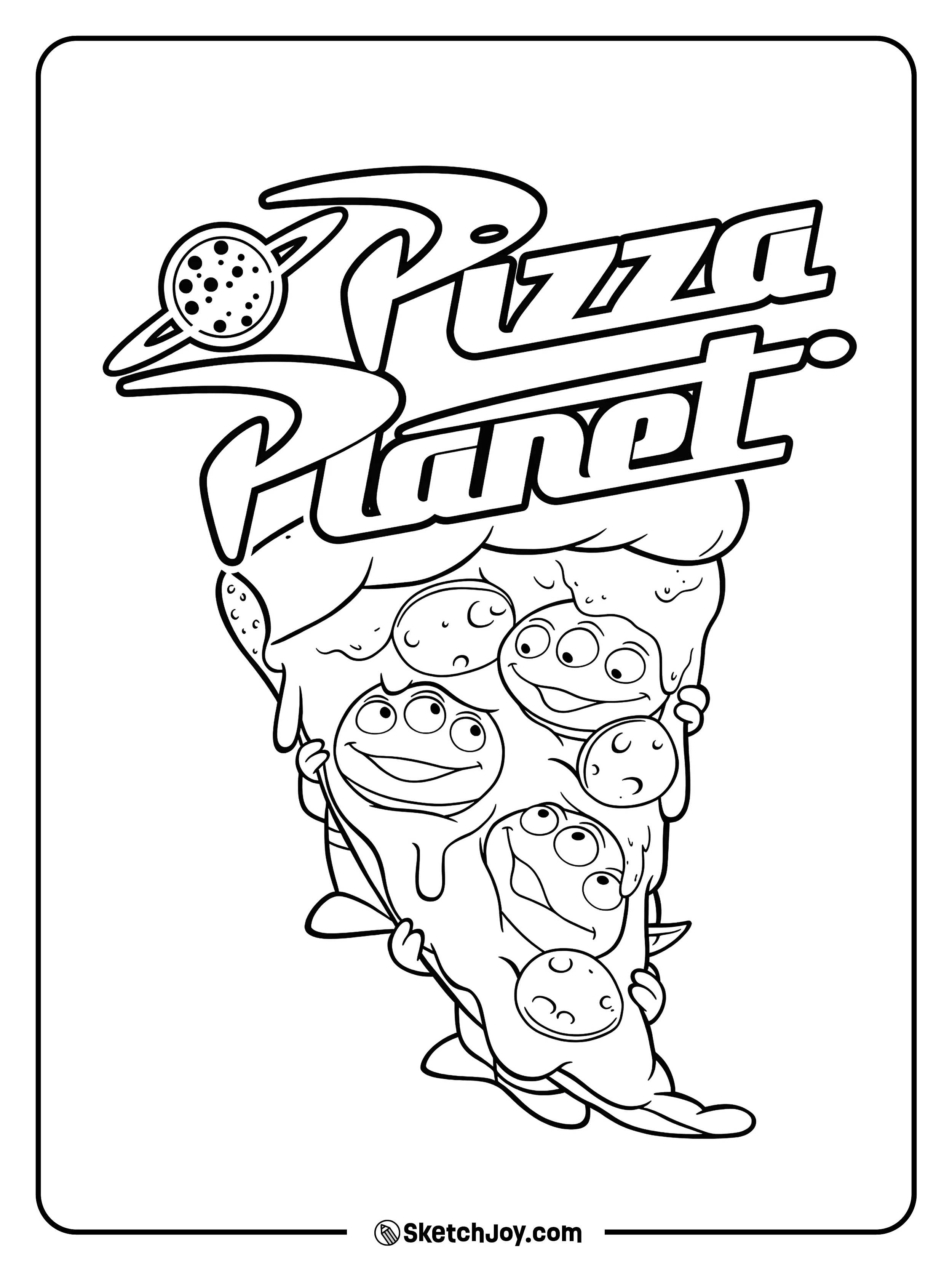 Three Little Green Men peek from a giant pizza slice.
