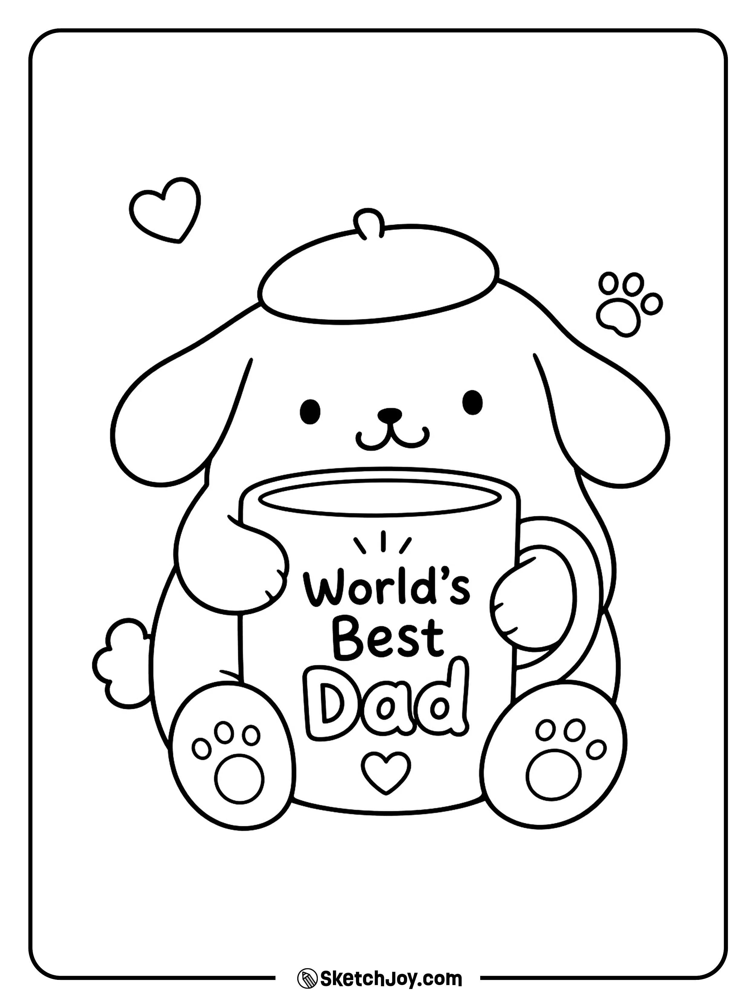 Pompompurin hugs a mug with a fun message for Dad.