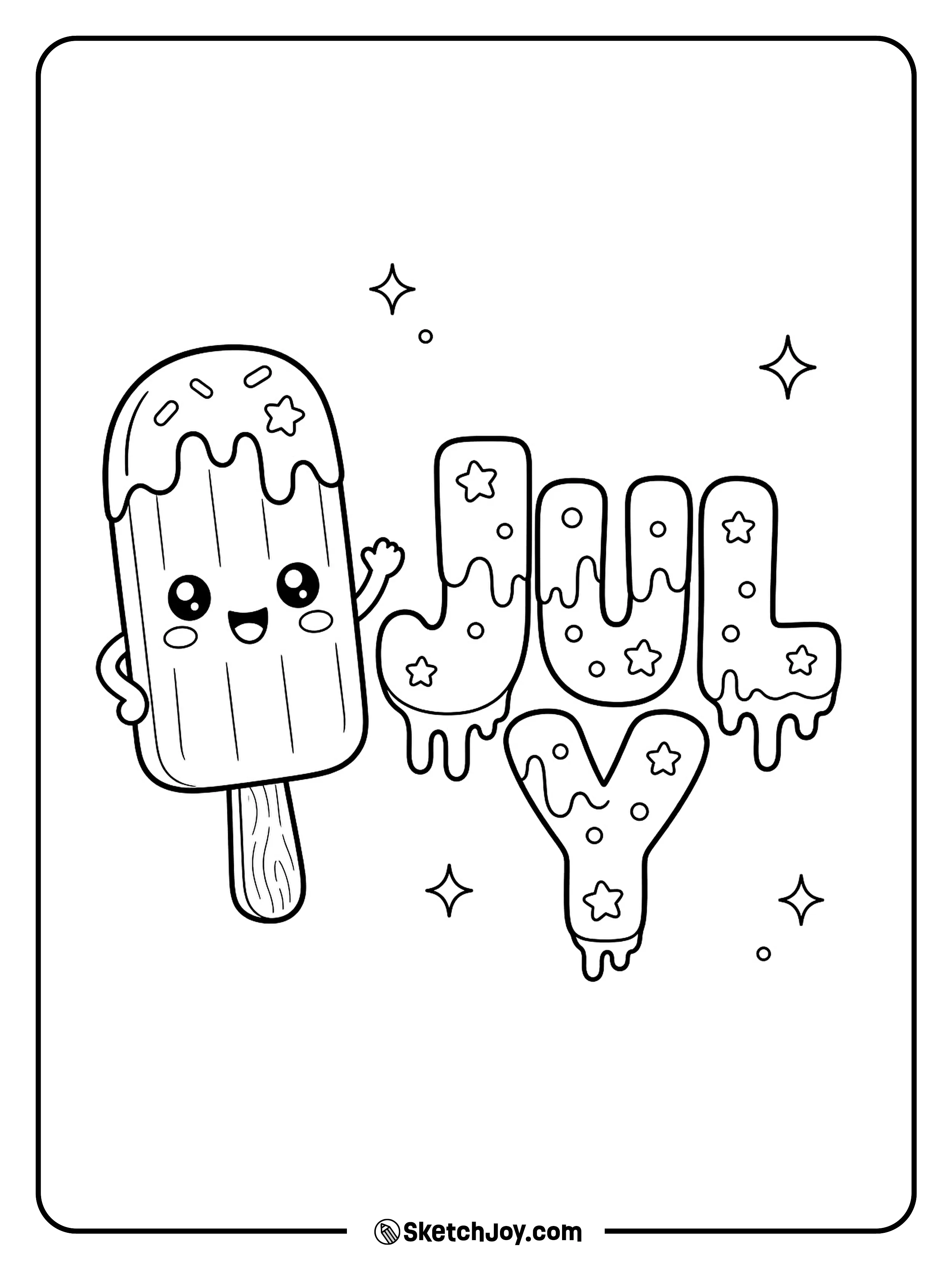 A cute popsicle stands beside bold JULY letters with summer snack details.