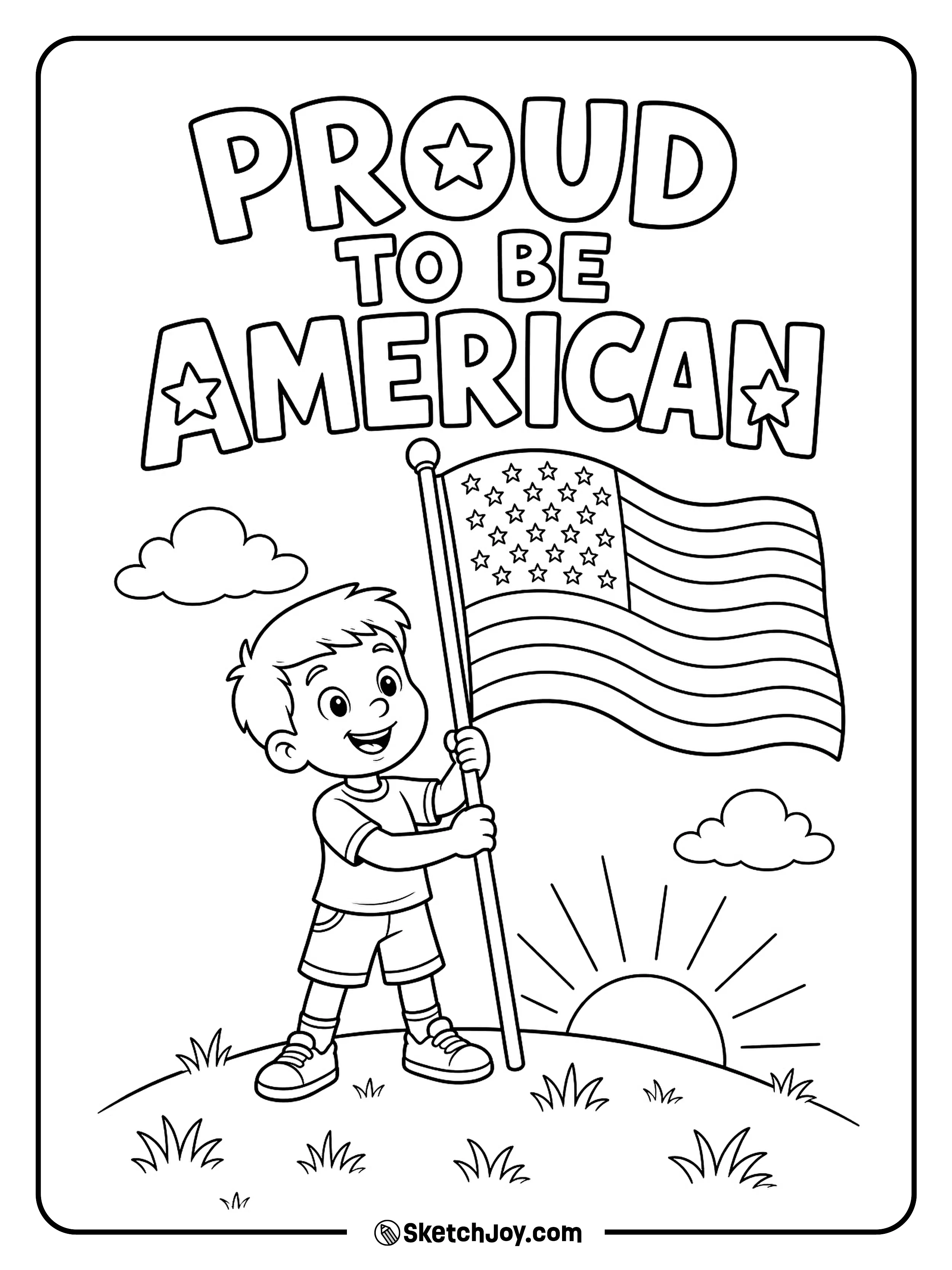 A child holds a flag on a hill below bold holiday lettering.