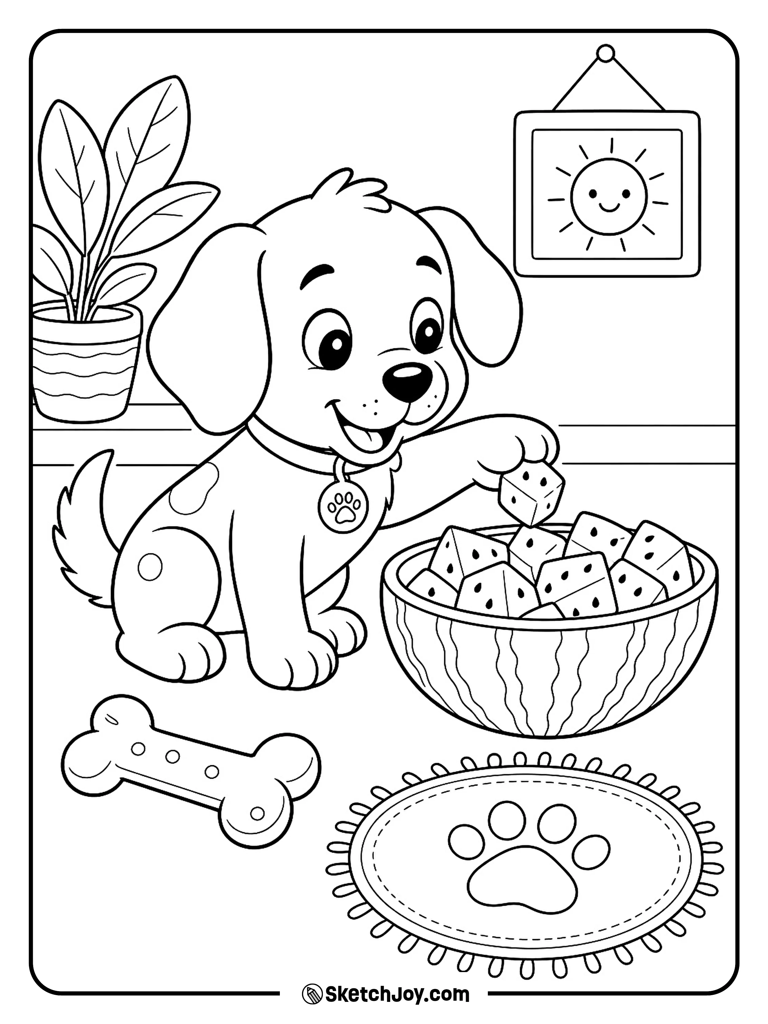 A playful puppy eats watermelon cubes from a fruit-shaped bowl.