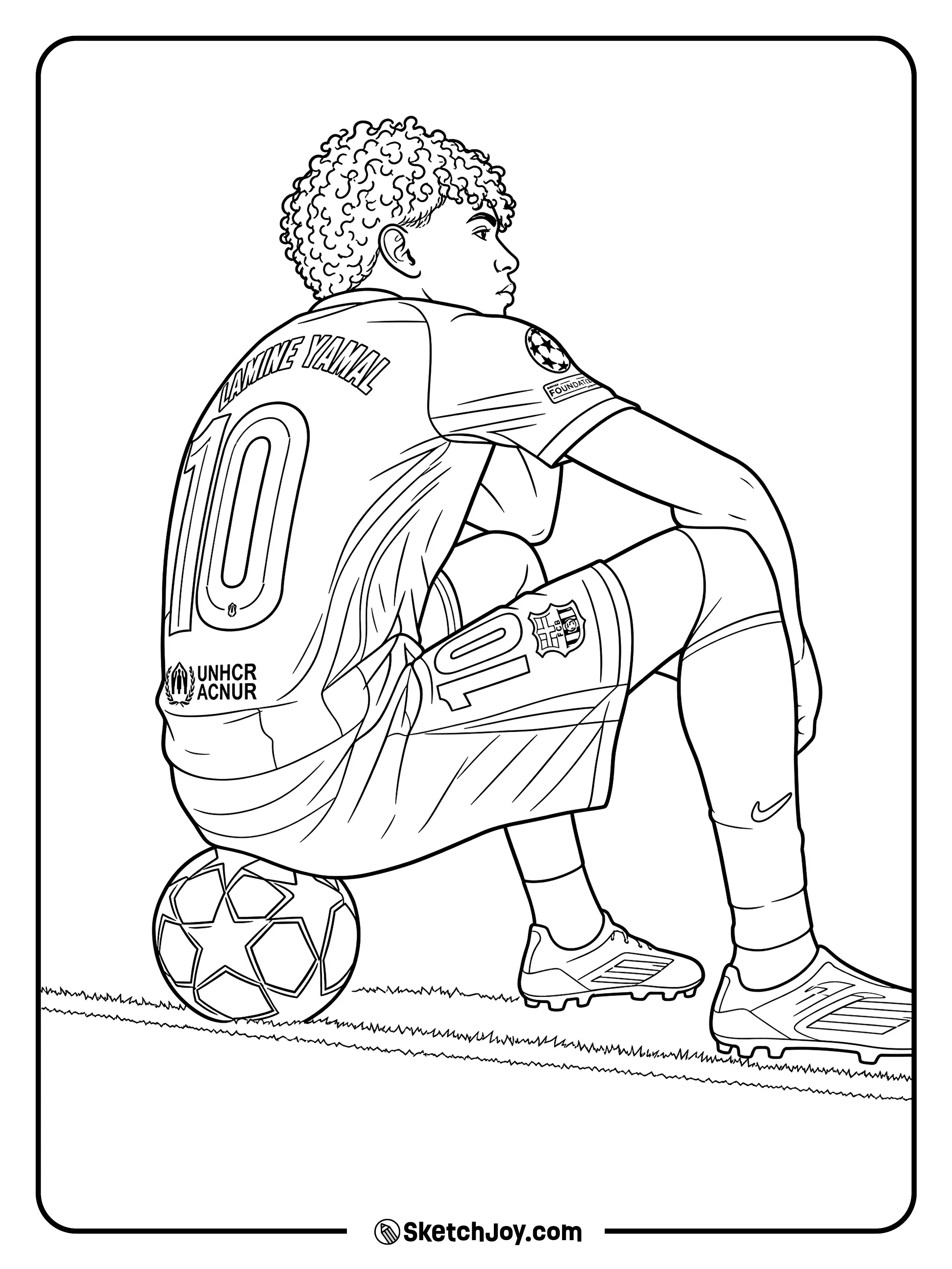 A calm side pose with the number 10 jersey and a soccer ball under one foot.