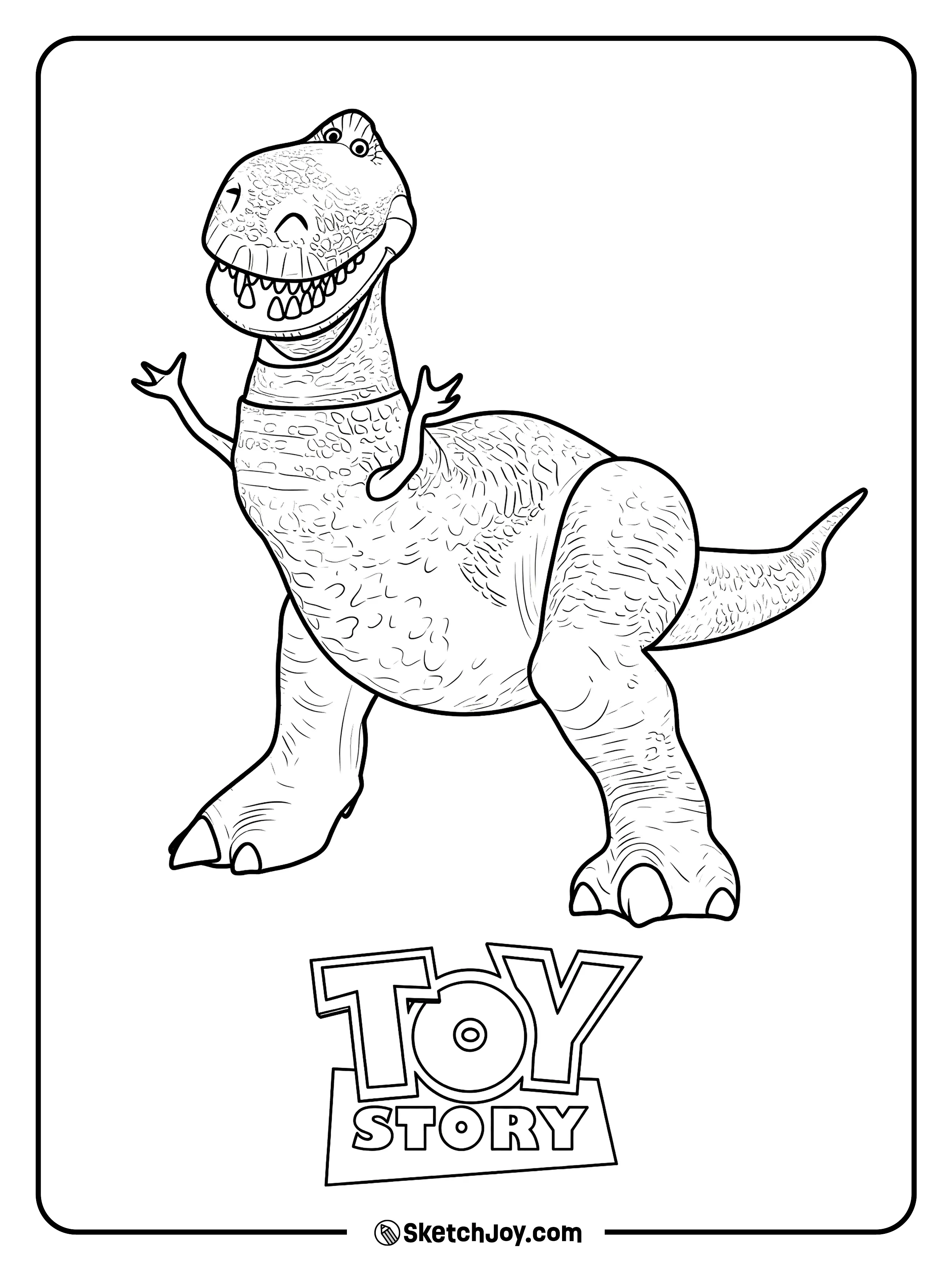 Rex raises his tiny arms with a big, friendly smile.