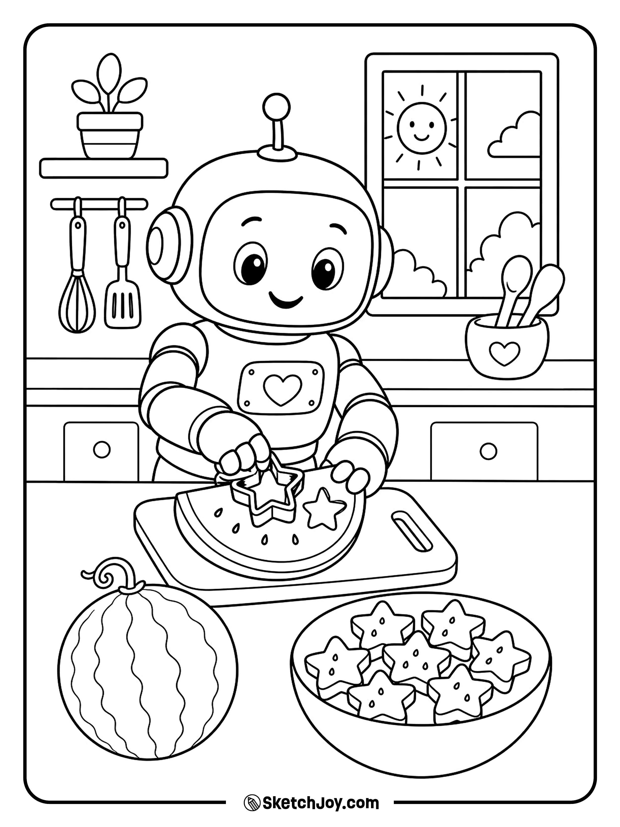 A friendly robot carefully cuts a watermelon into neat star shapes.