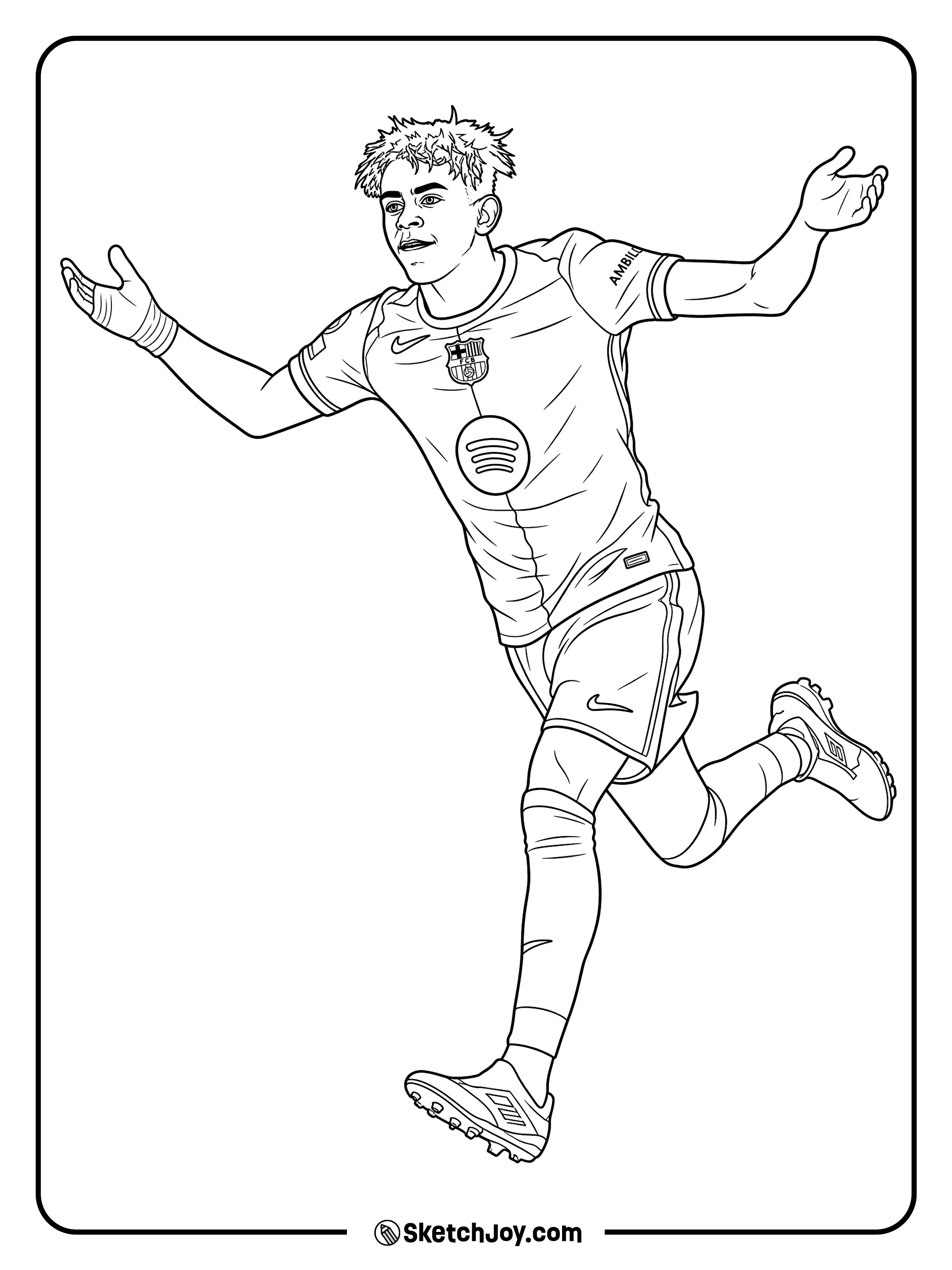 A full-body scene of the young soccer star running with arms wide after a big play.