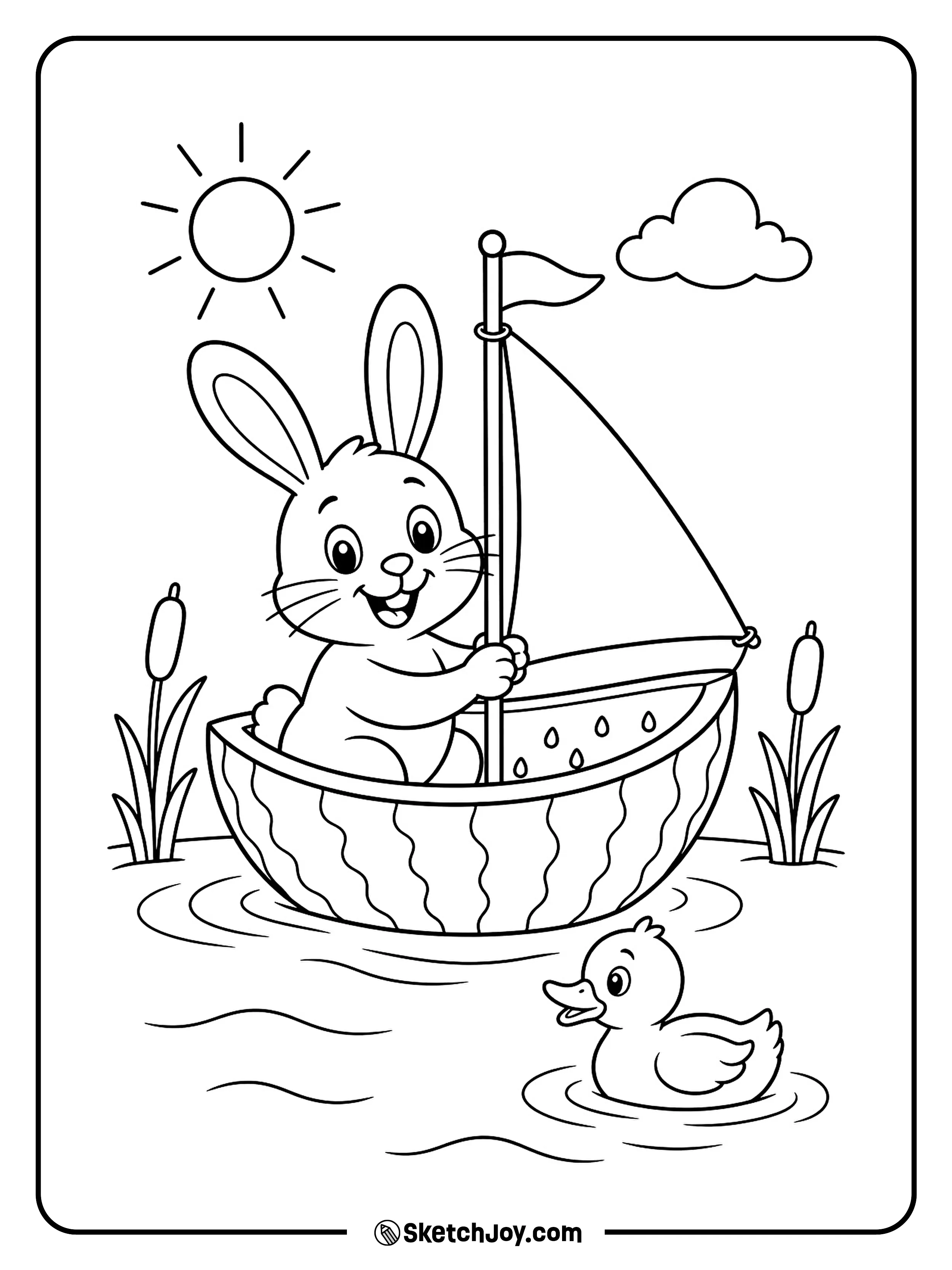 A little rabbit sails across a pond in a boat made from watermelon rind.