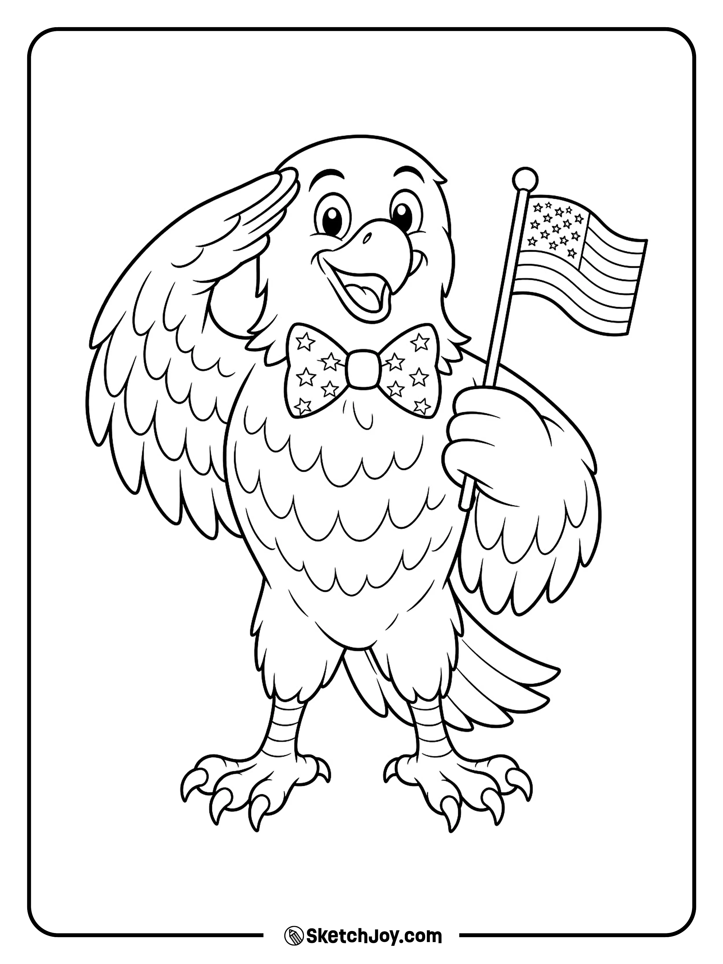 A friendly bald eagle gives a happy salute while holding a small flag.
