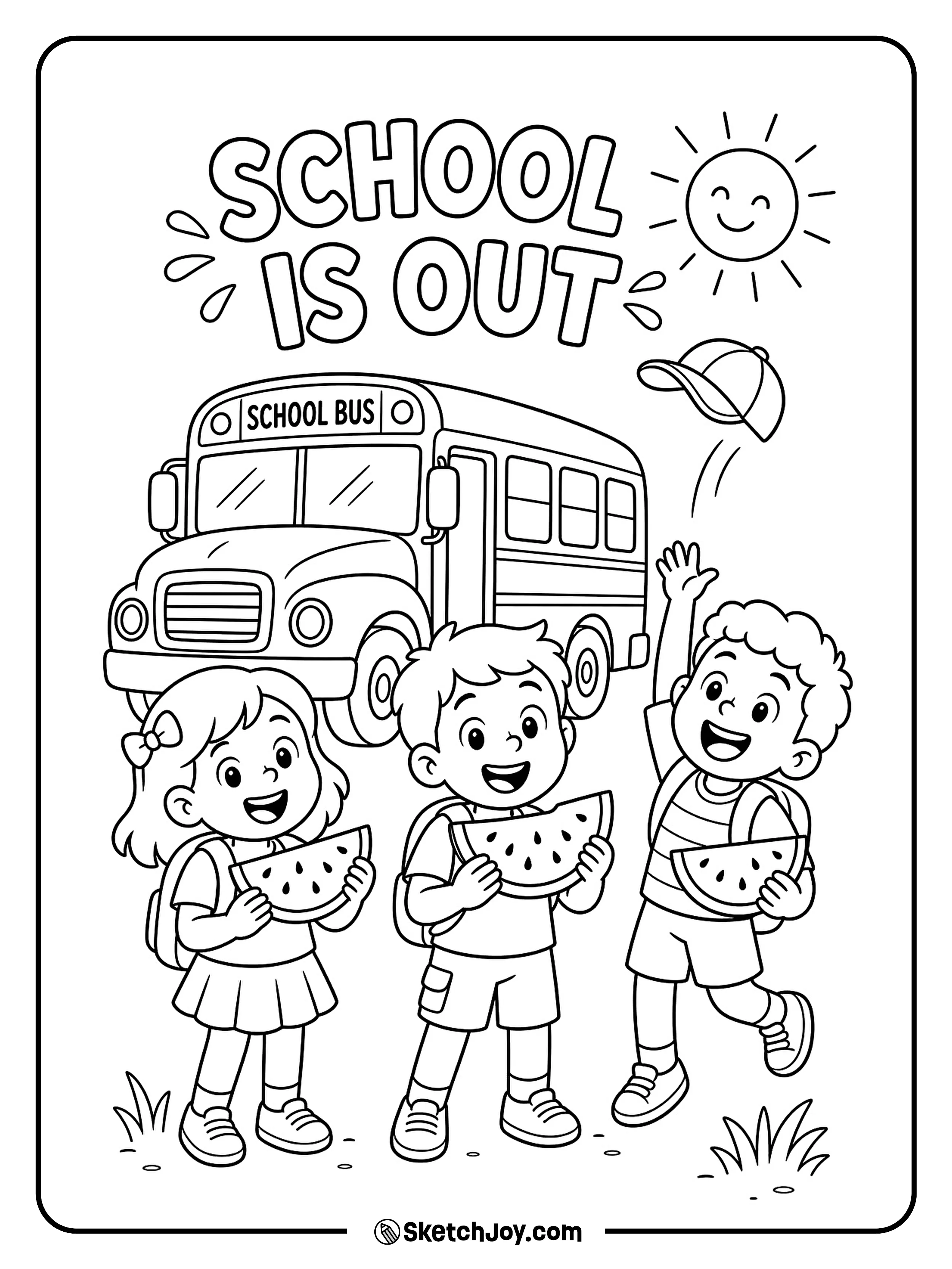 Friends share watermelon beside a school bus on the first day of summer break.