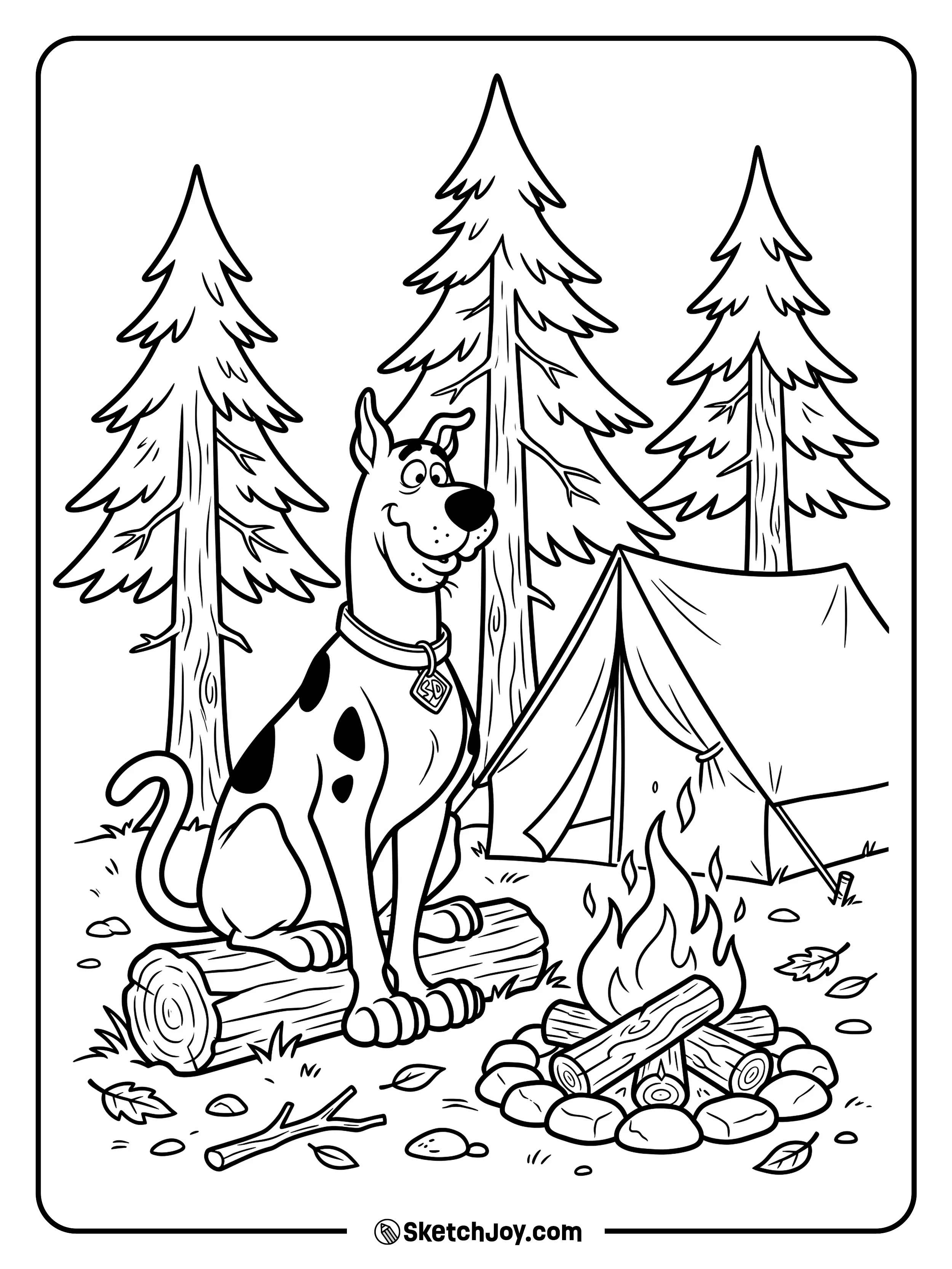 Scooby-Doo sits by a campfire while listening for strange sounds.