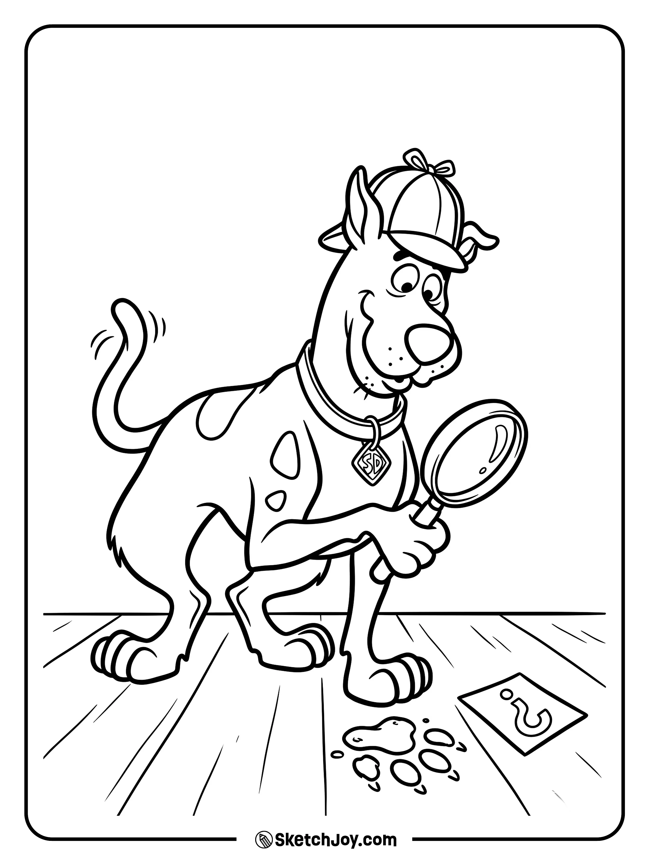 Scooby-Doo wears a detective hat and looks for a clue.