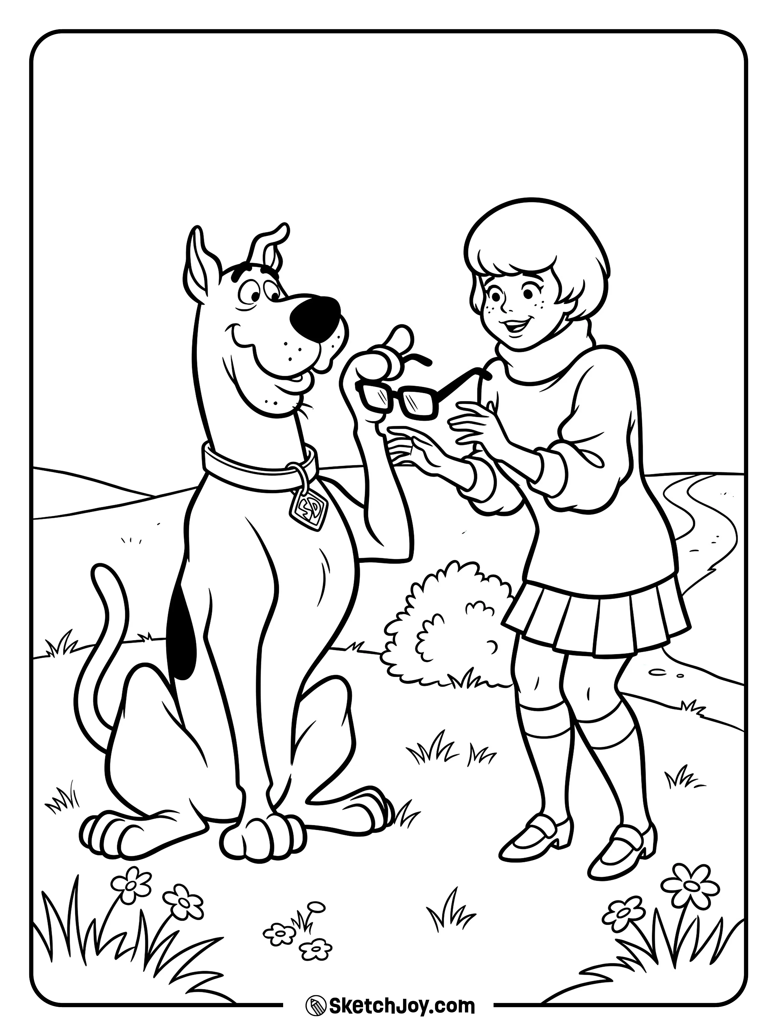Scooby-Doo holds Velma’s glasses while looking very proud.