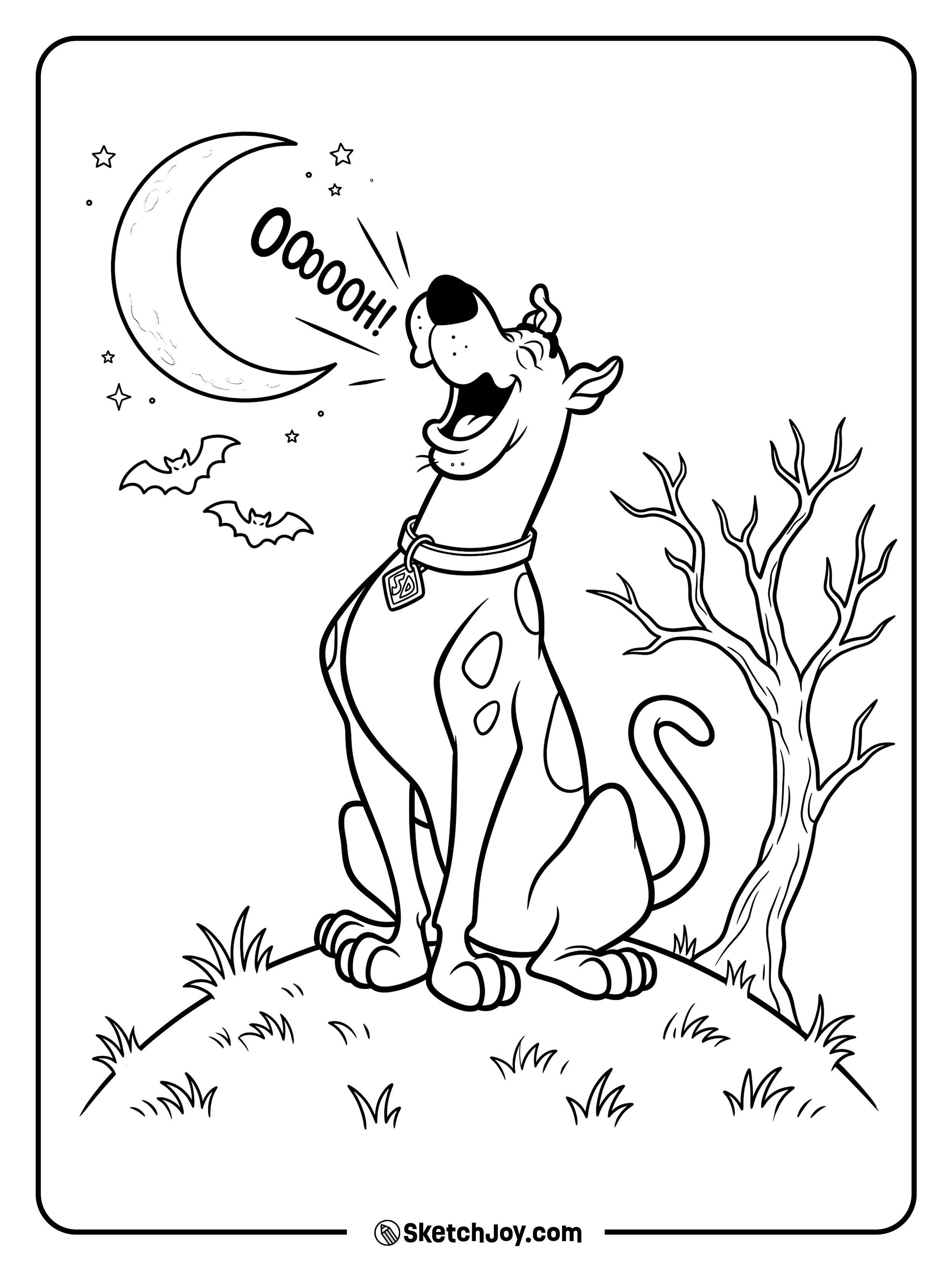 Scooby-Doo howls beside a simple spooky tree.