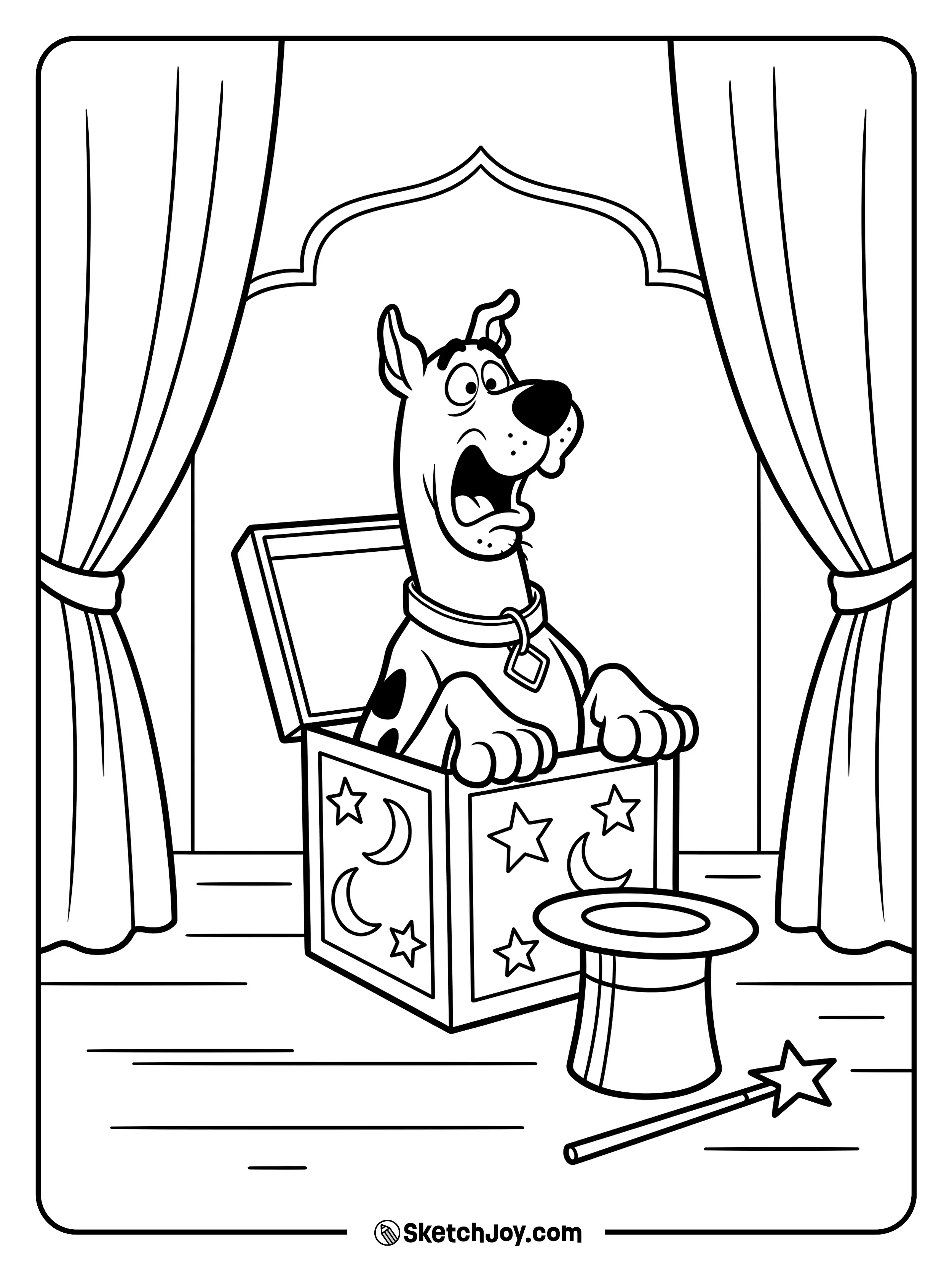 Scooby-Doo pops out of a magic box with a shocked face.