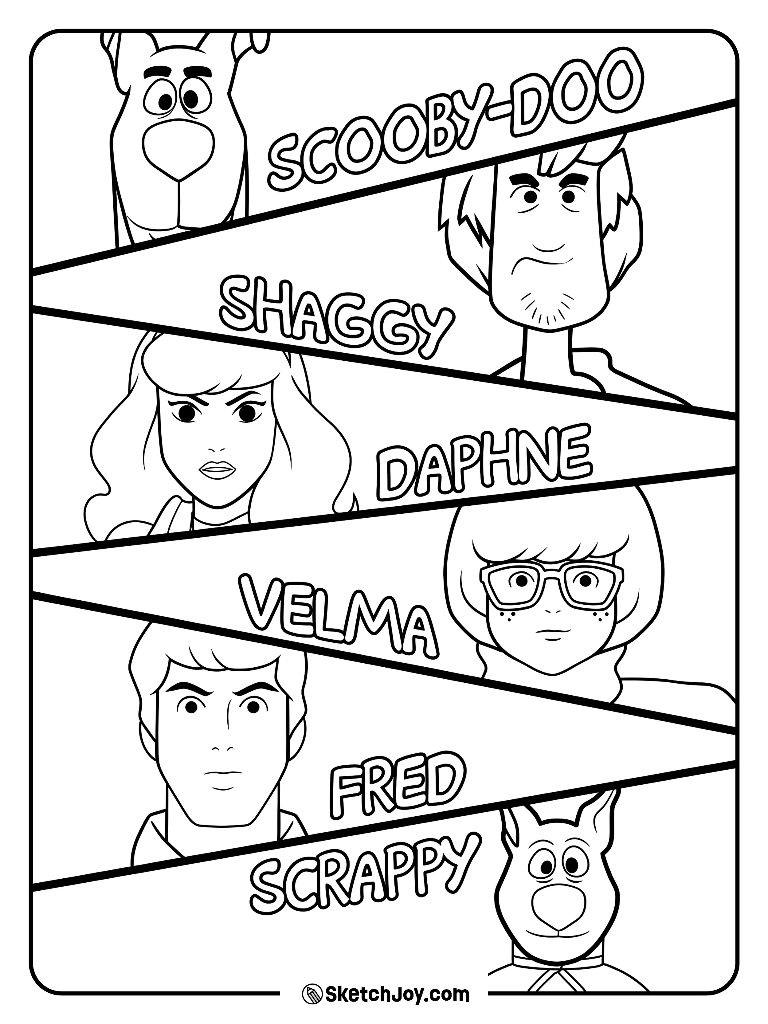 Scooby-Doo, Shaggy, Daphne, Velma, Fred, and Scrappy appear with their names.