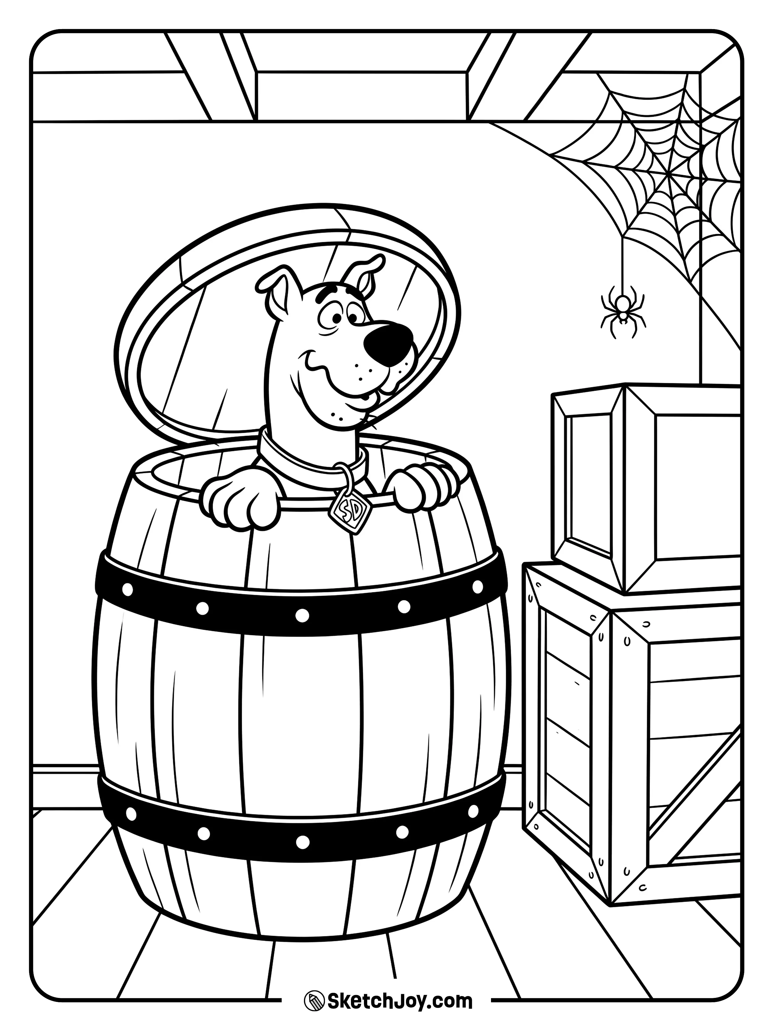 Scooby-Doo peeks out of a barrel with a scared but cute face.
