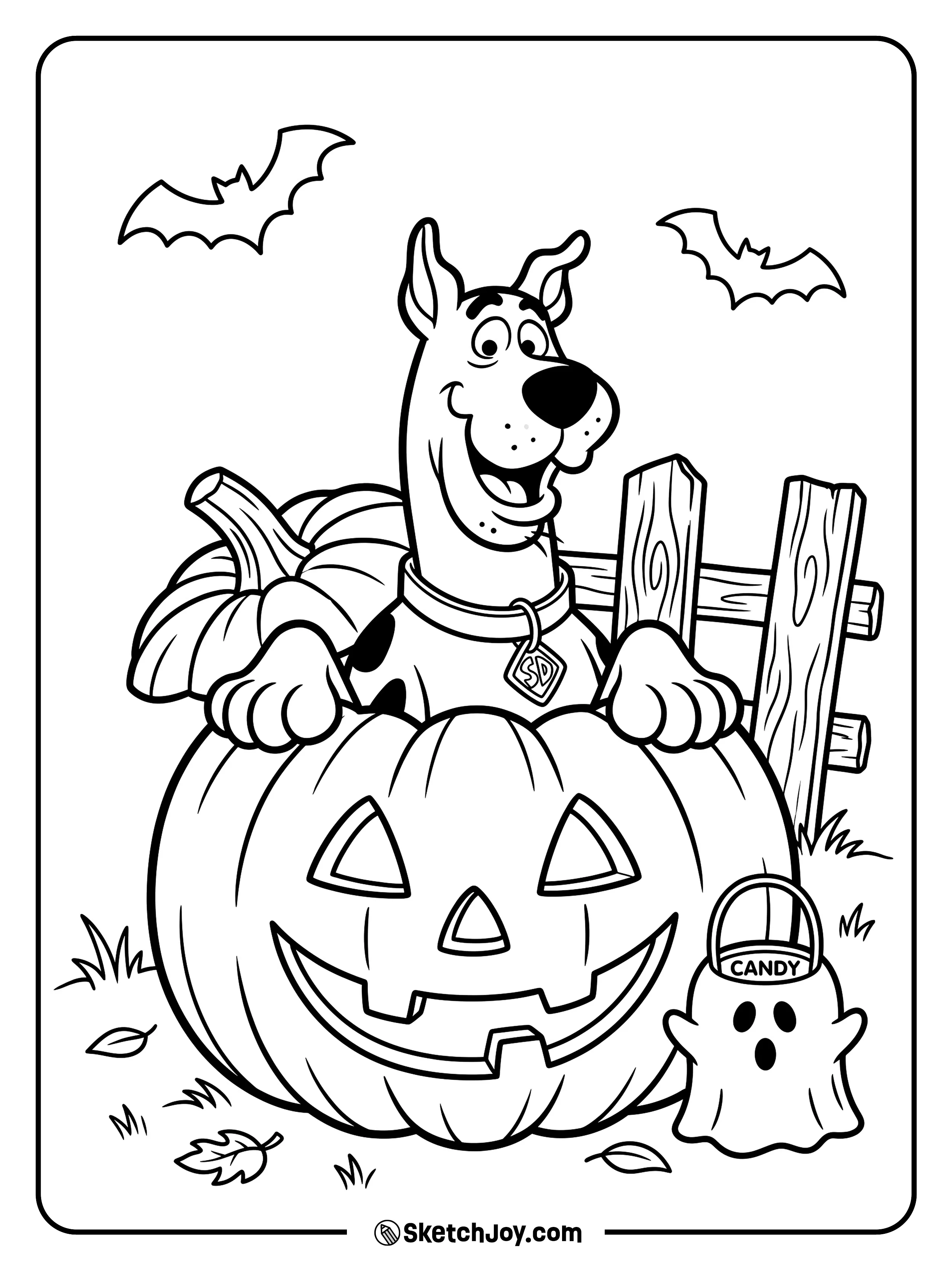 Scooby-Doo pops out from behind a pumpkin with a playful face.