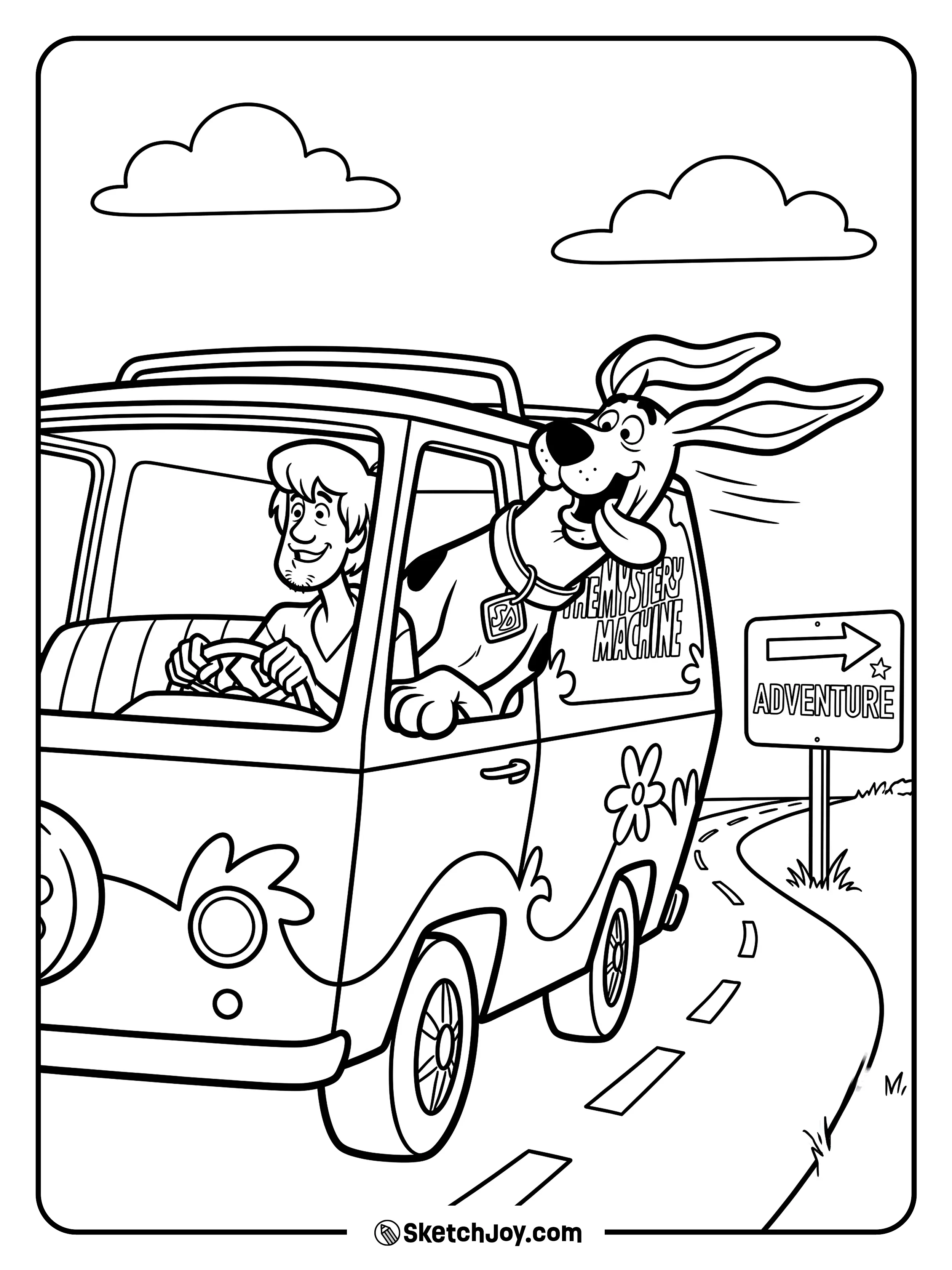 Scooby-Doo sticks his head out of the van window with joy.