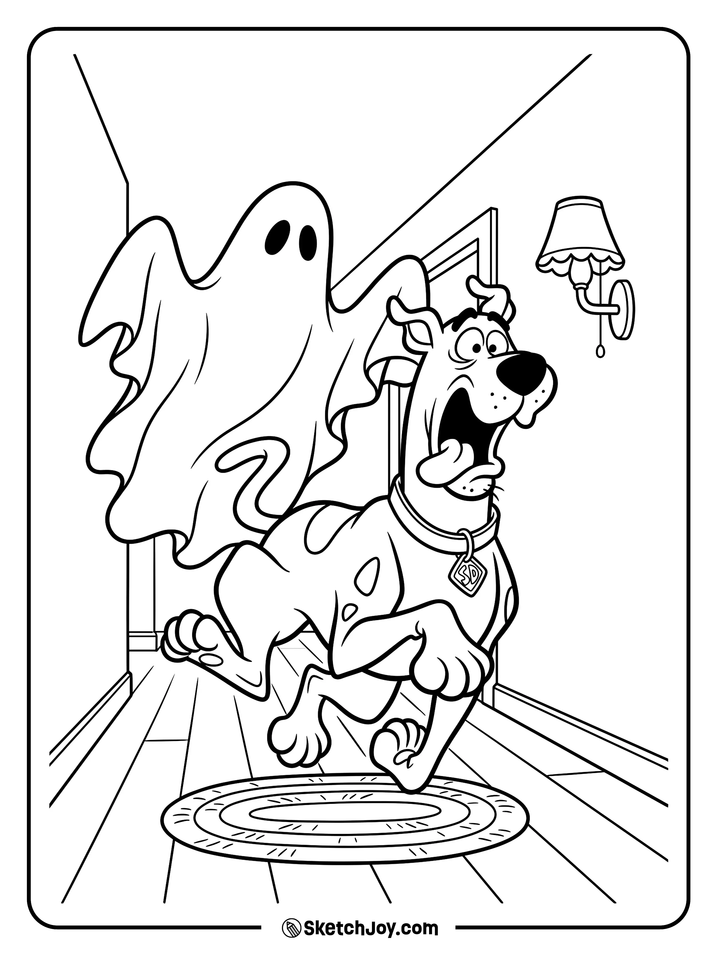 Scooby-Doo runs fast while a silly ghost floats behind him.