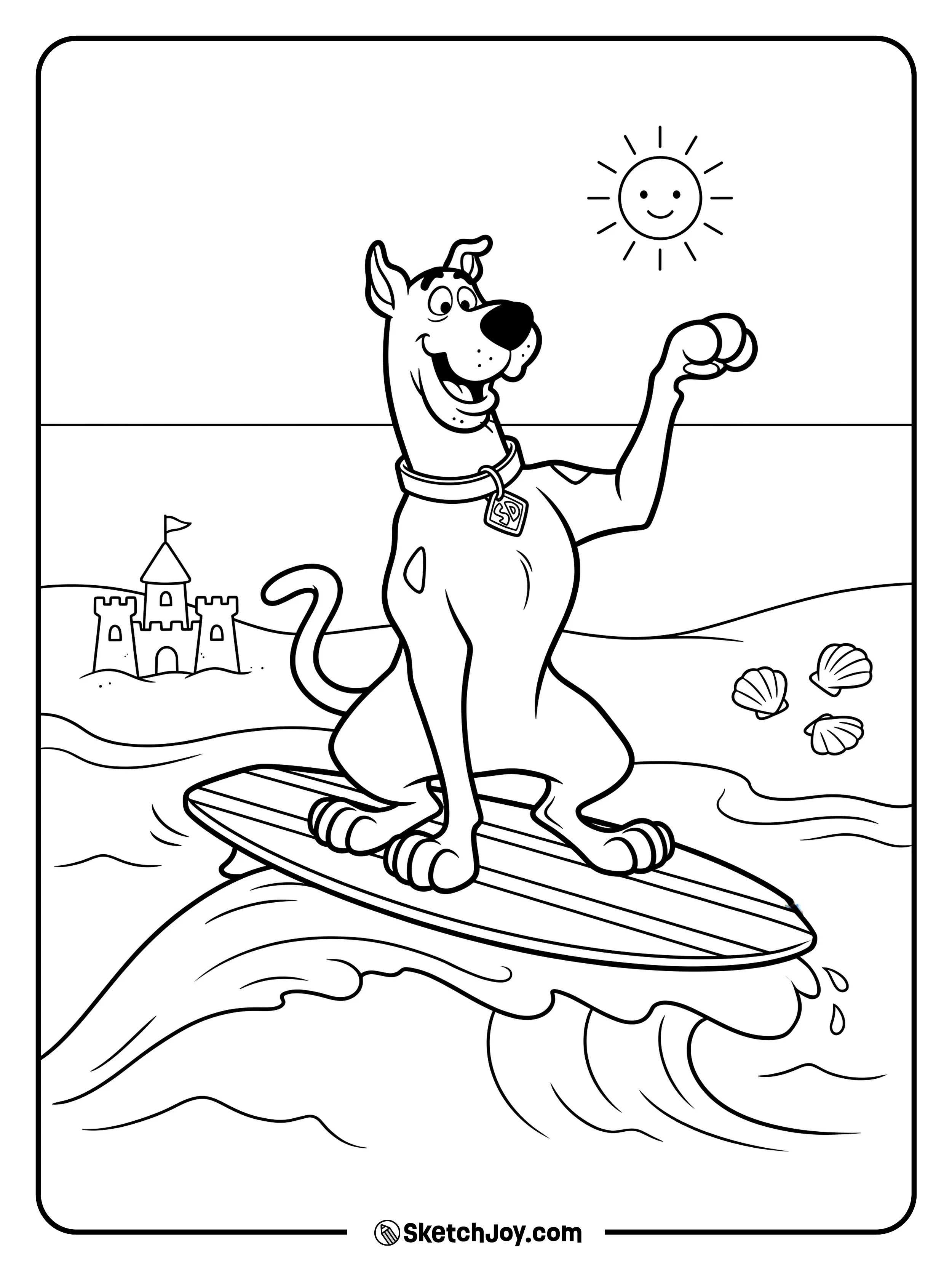 Scooby-Doo rides a surfboard with a big happy smile.