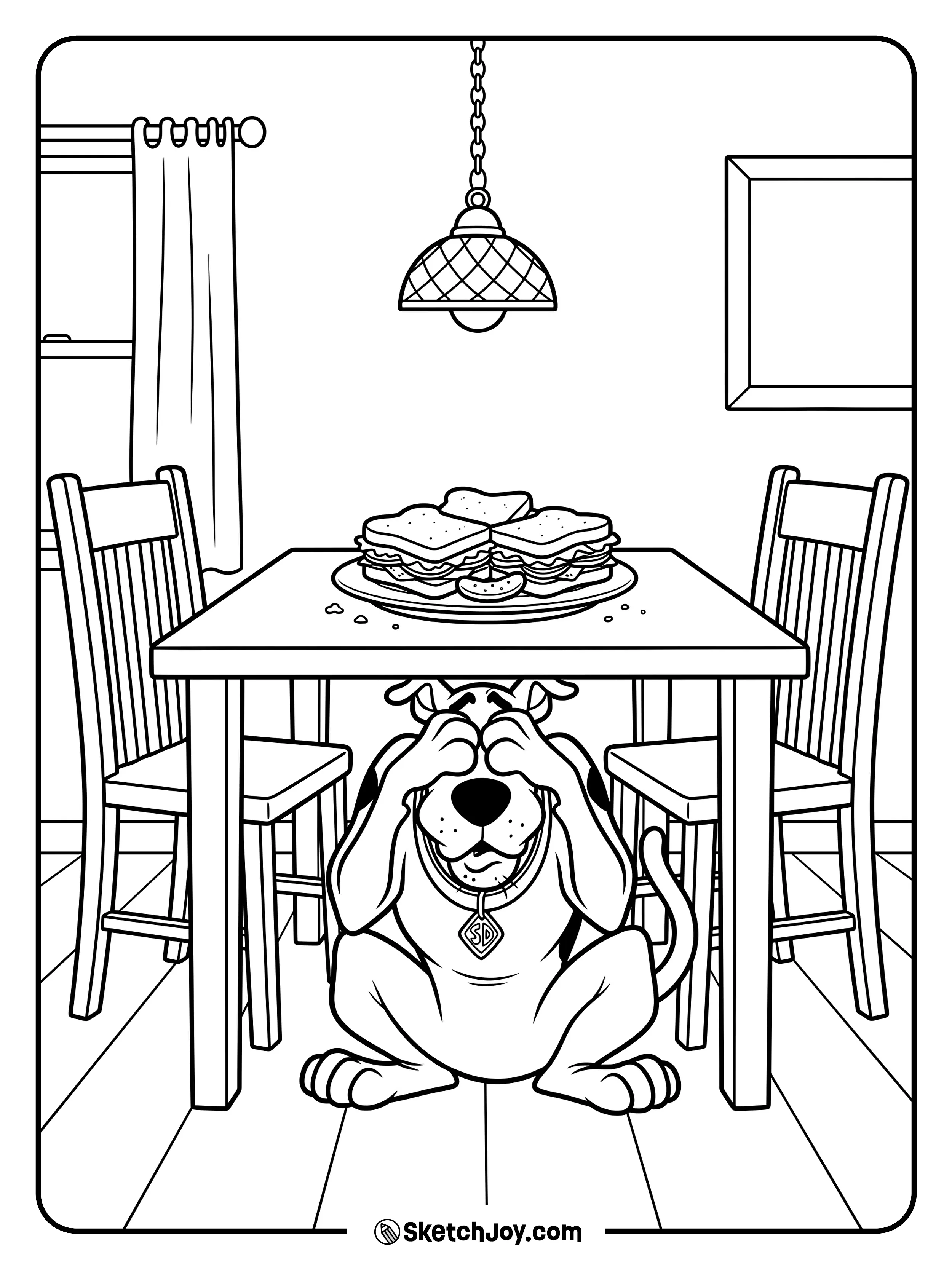 Scooby-Doo hides under a table while snacks sit above him.
